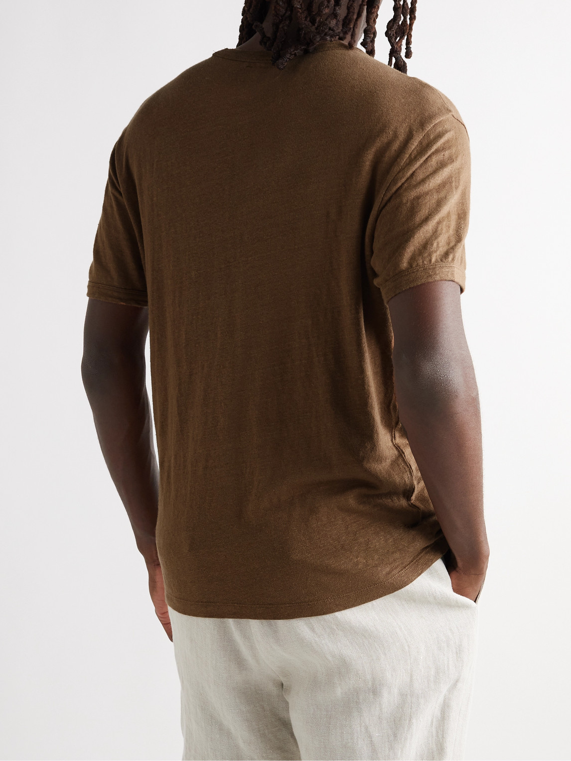 Shop Officine Generale Slub Stretch-linen T-shirt In Brown