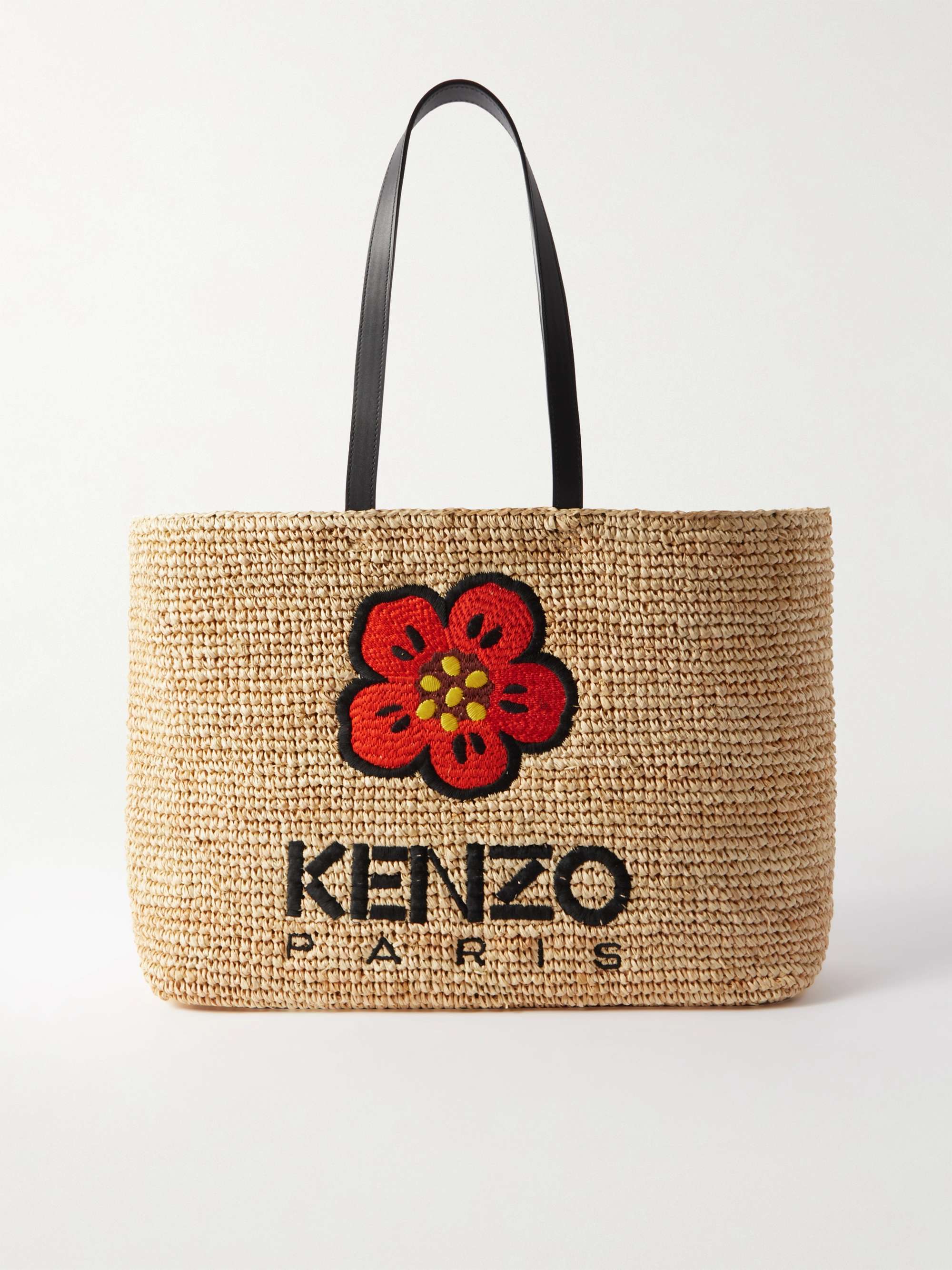 Leather-trimmed embroidered canvas tote