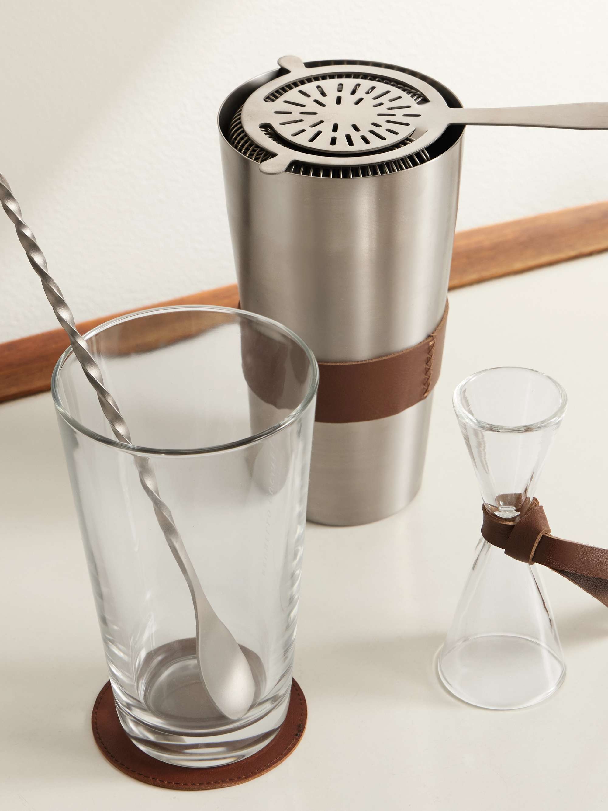 BRUNELLO CUCINELLI Titanium, Glass, Krion and Leather Bar Set