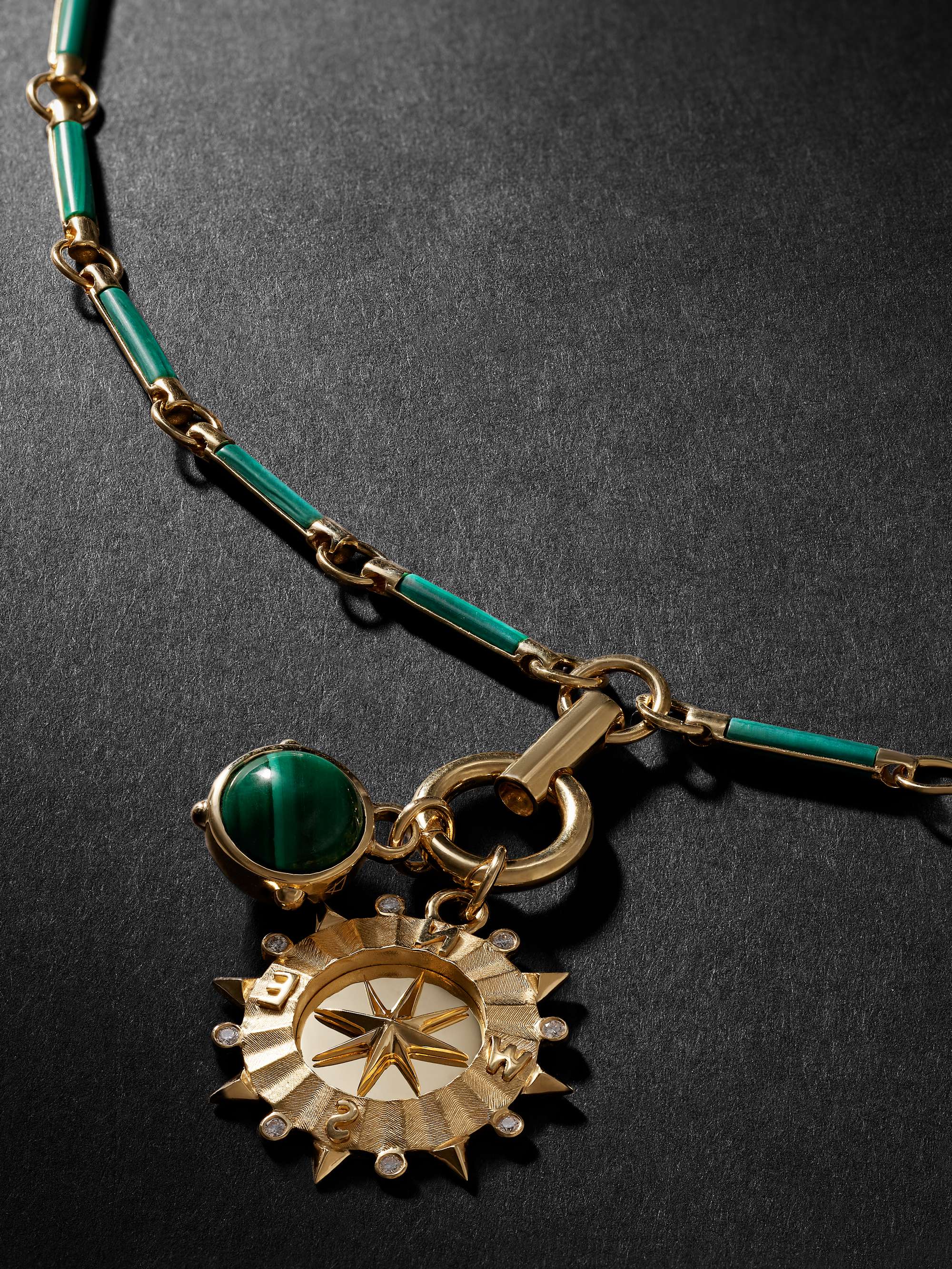 FOUNDRAE Internal Compass Orb Gold, Malachite and Diamond Pendant Necklace