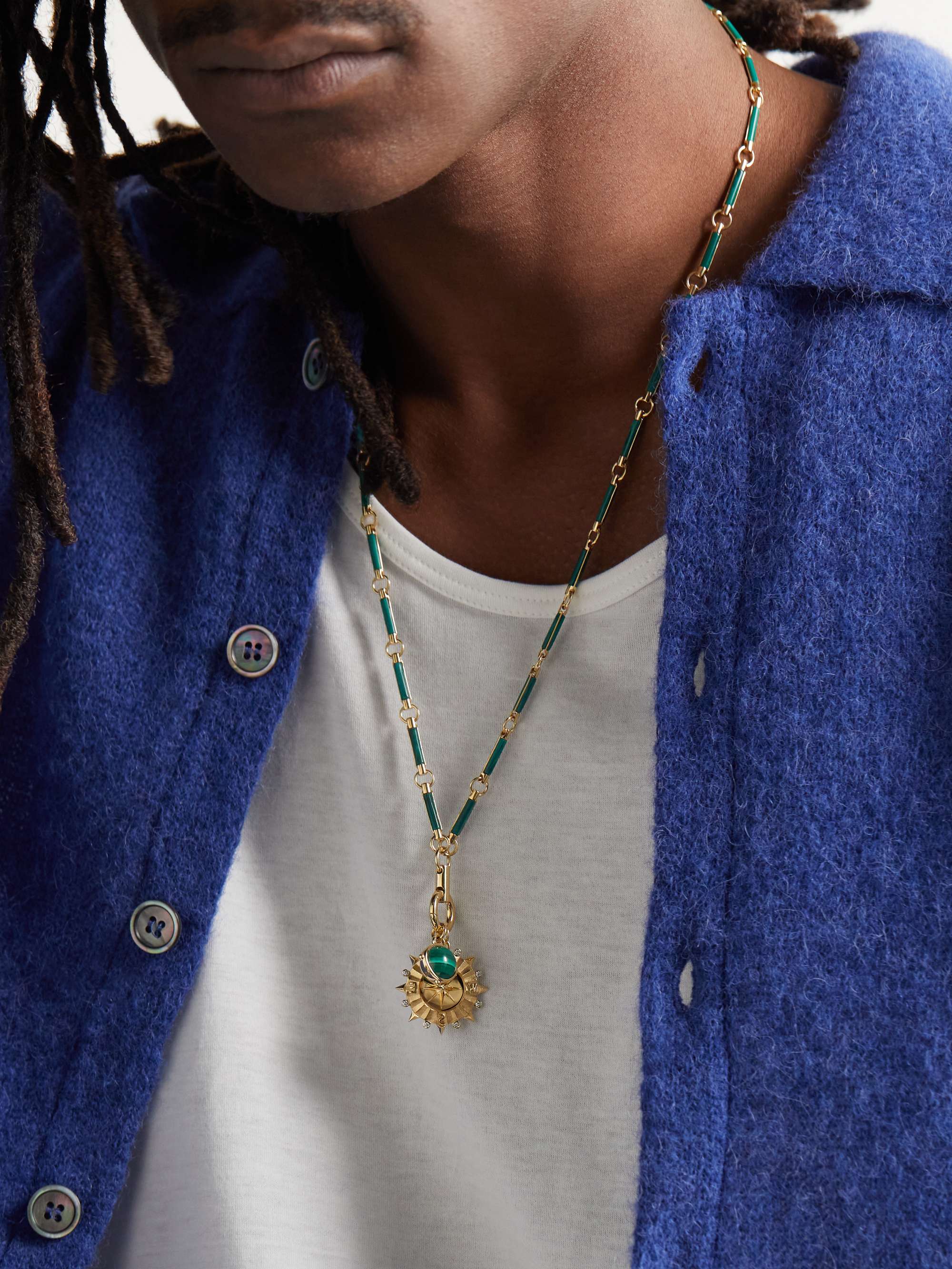 FOUNDRAE Internal Compass Orb Gold, Malachite and Diamond Pendant Necklace