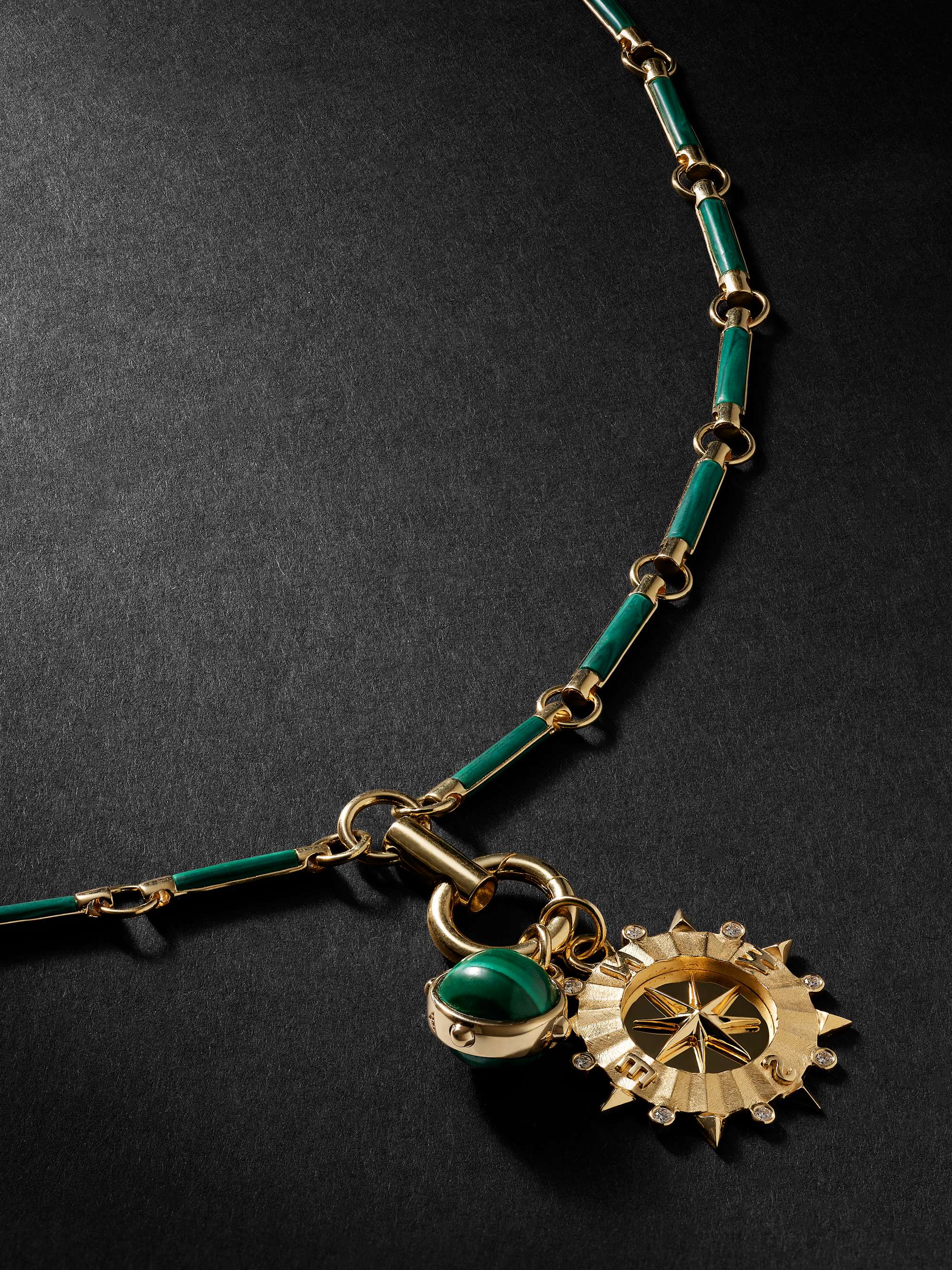 FOUNDRAE Internal Compass Orb Gold, Malachite and Diamond Pendant Necklace