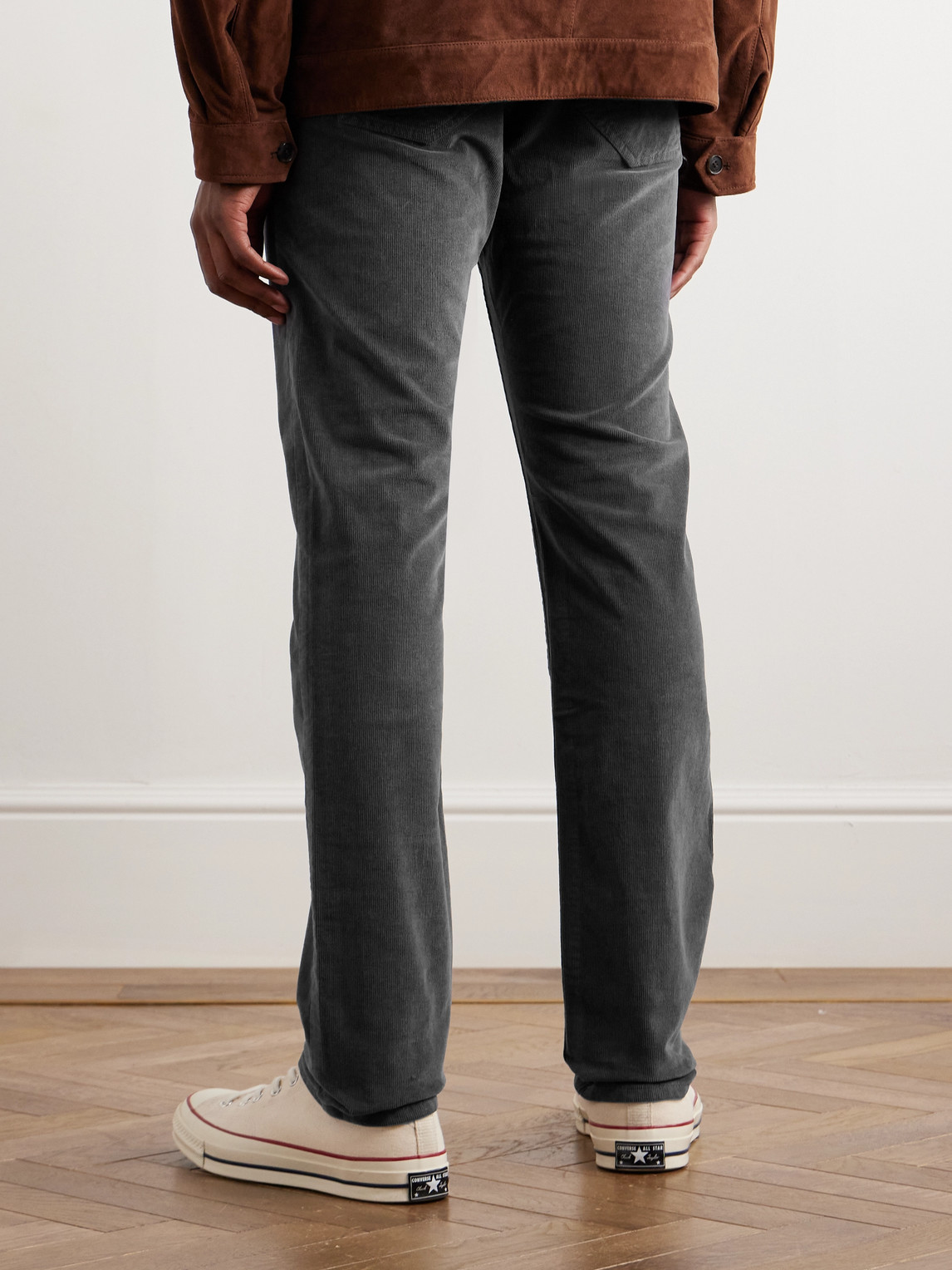 Shop Faherty Slim-fit Organic Cotton-blend Corduroy Trousers In Gray