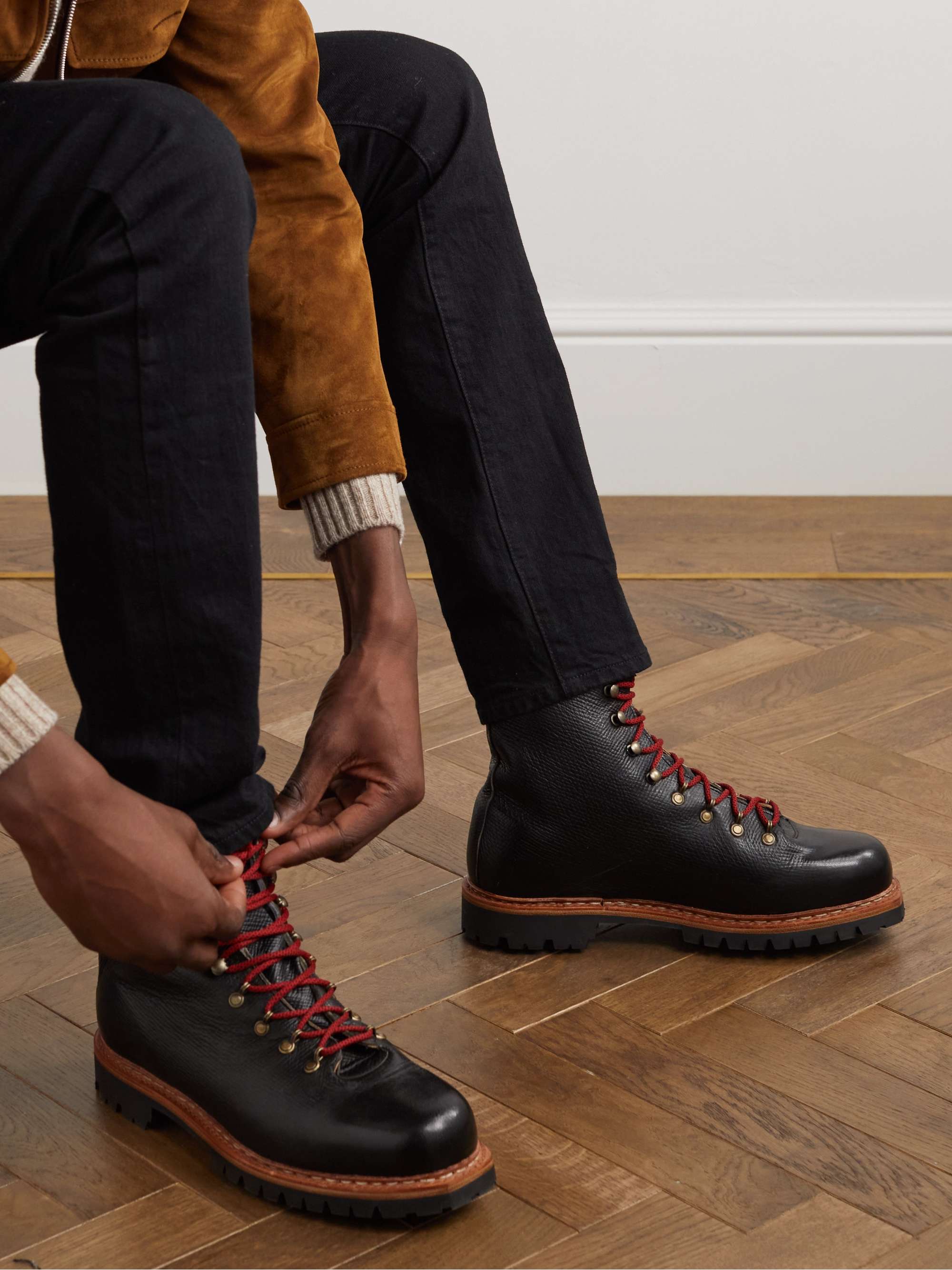 GEORGE CLEVERLEY Ernest Shearling-Lined Cross-Grain Leather Lace-Up Boots