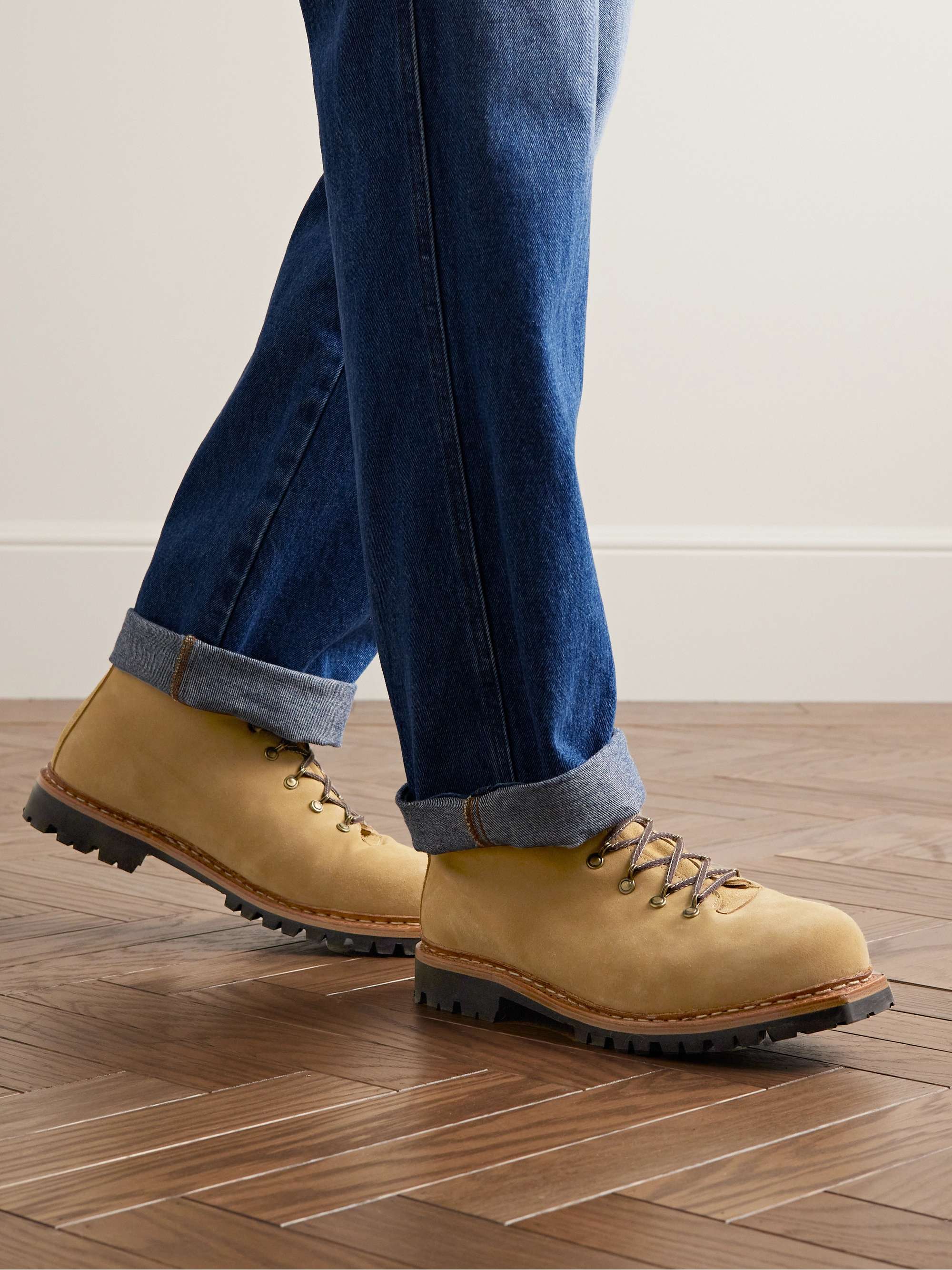 GEORGE CLEVERLEY Ernest Shearling-Lined Cross-Grain Leather Lace-Up Boots