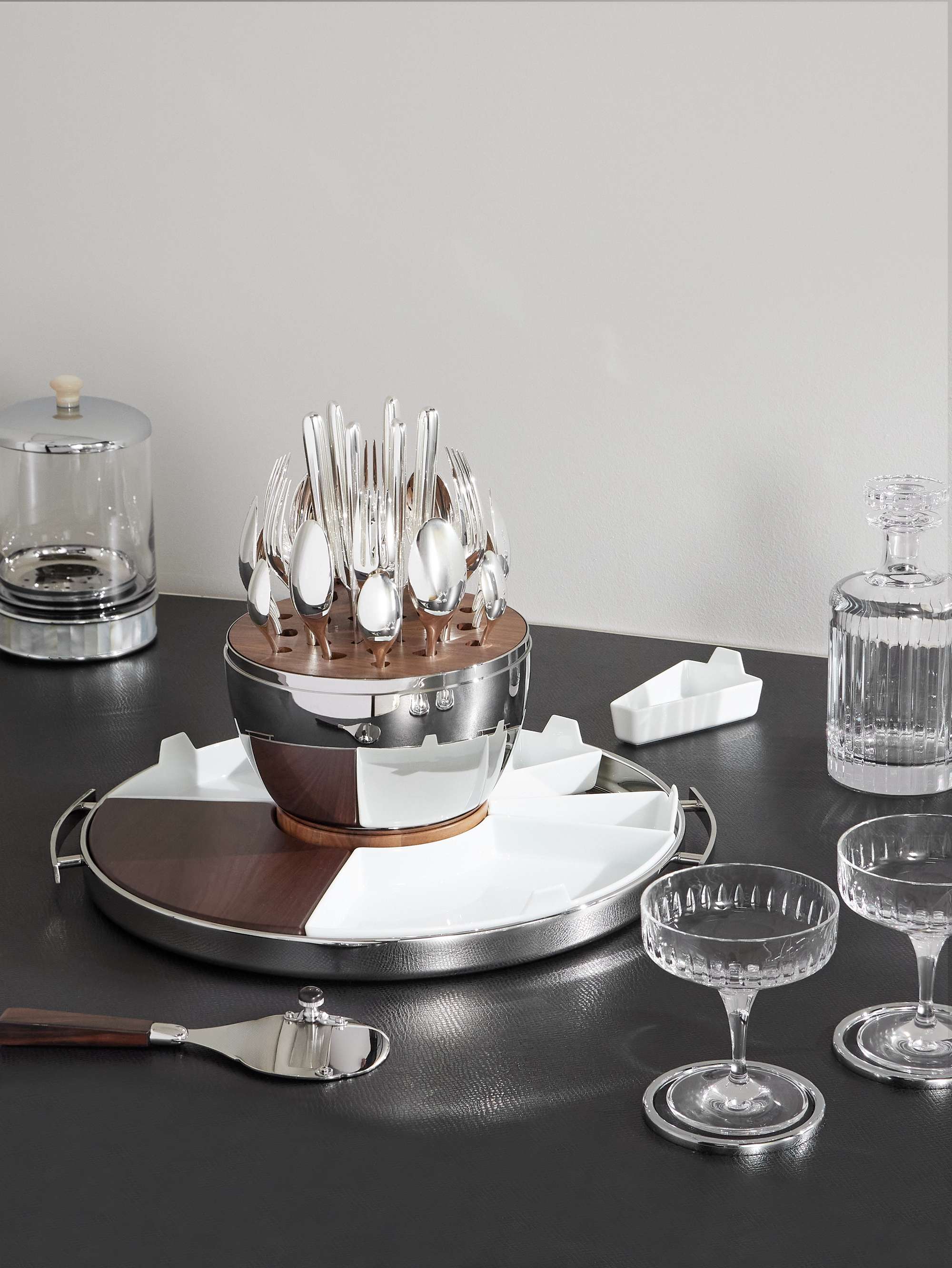 CHRISTOFLE MOOD Party Stainless Steel, Walnut and Porcelain Tray