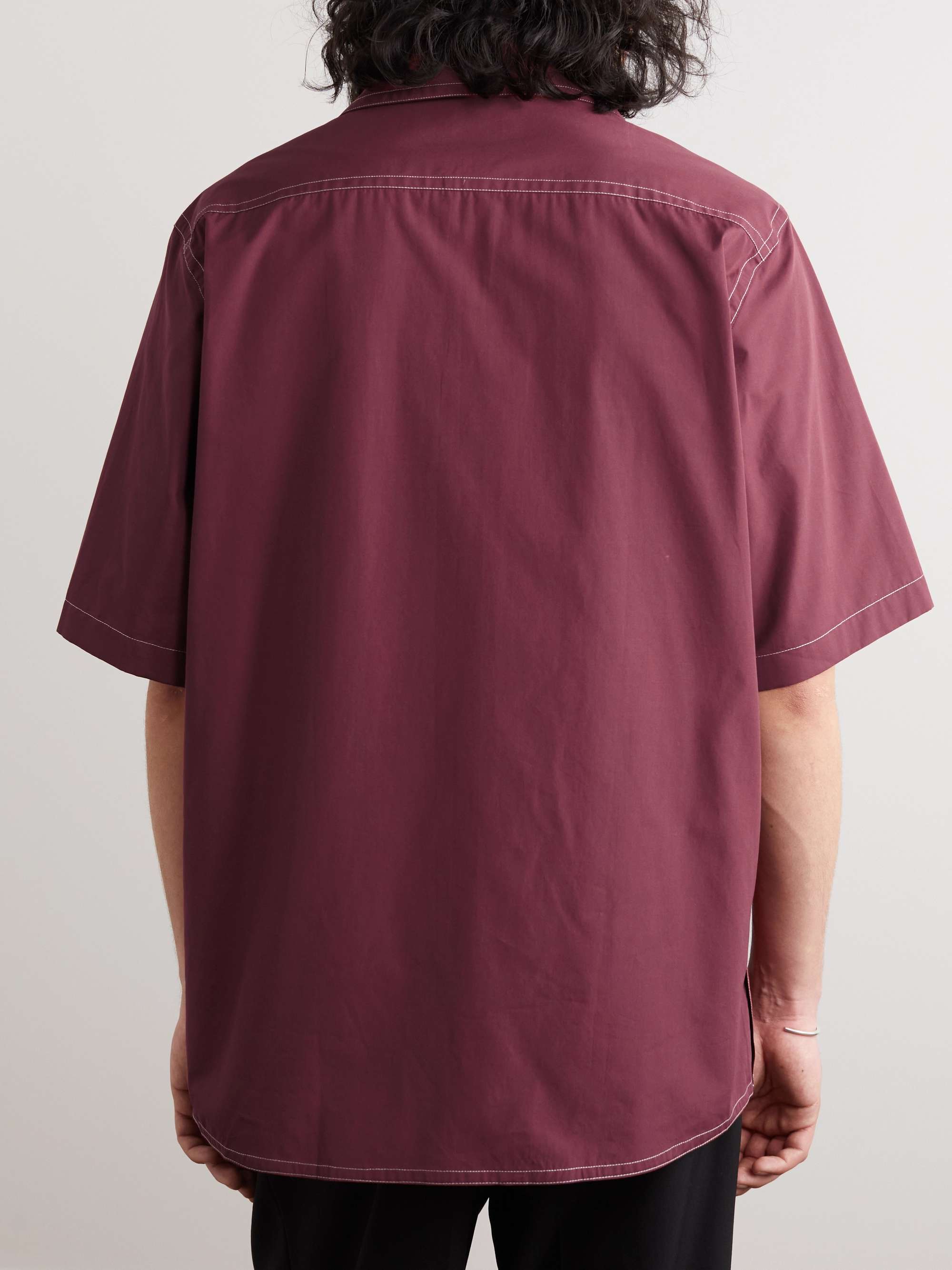 SEBLINE Camp-Collar Striped Floral-Print Cotton-Poplin Shirt
