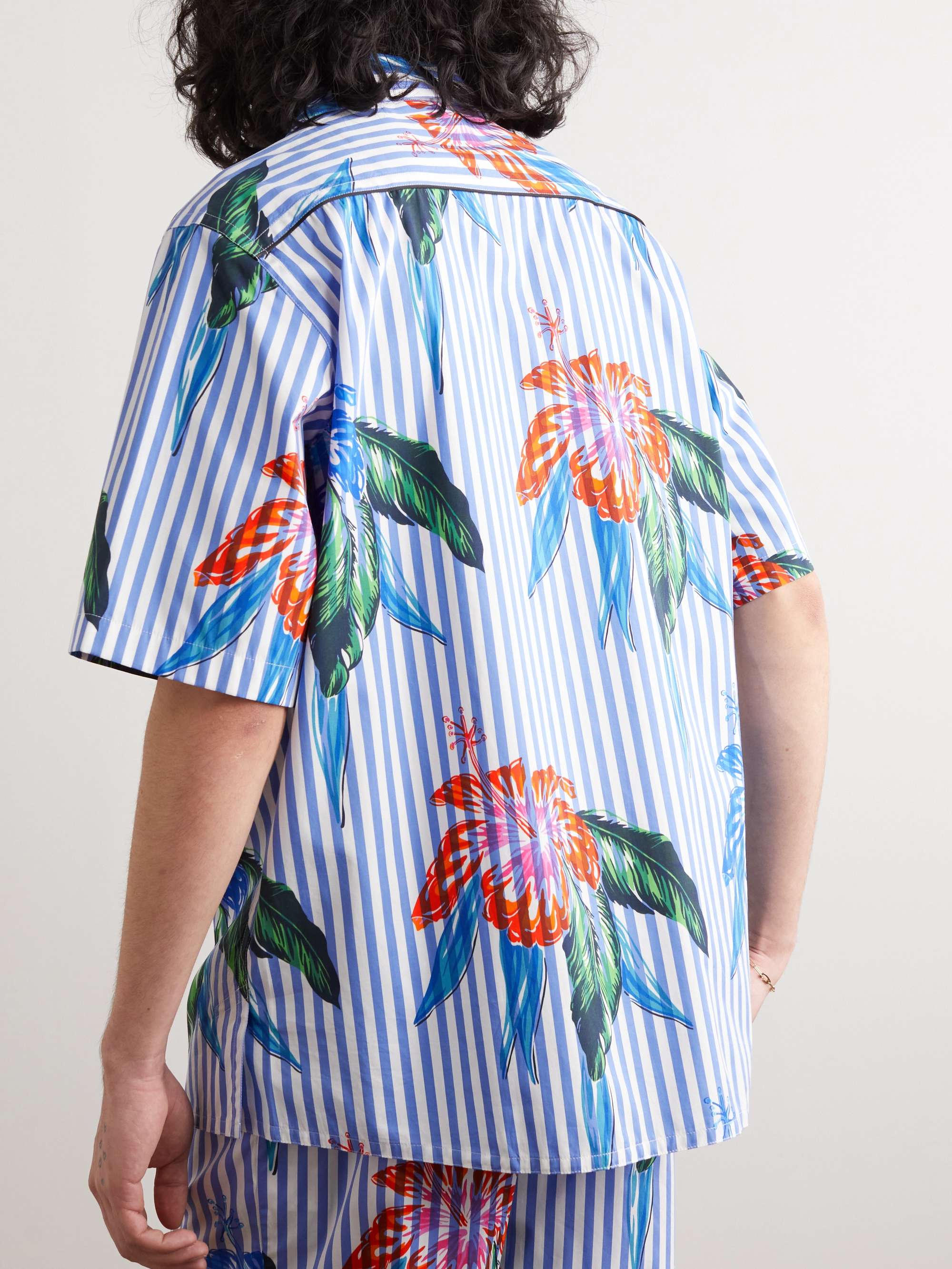SEBLINE Camp-Collar Striped Floral-Print Cotton-Poplin Shirt