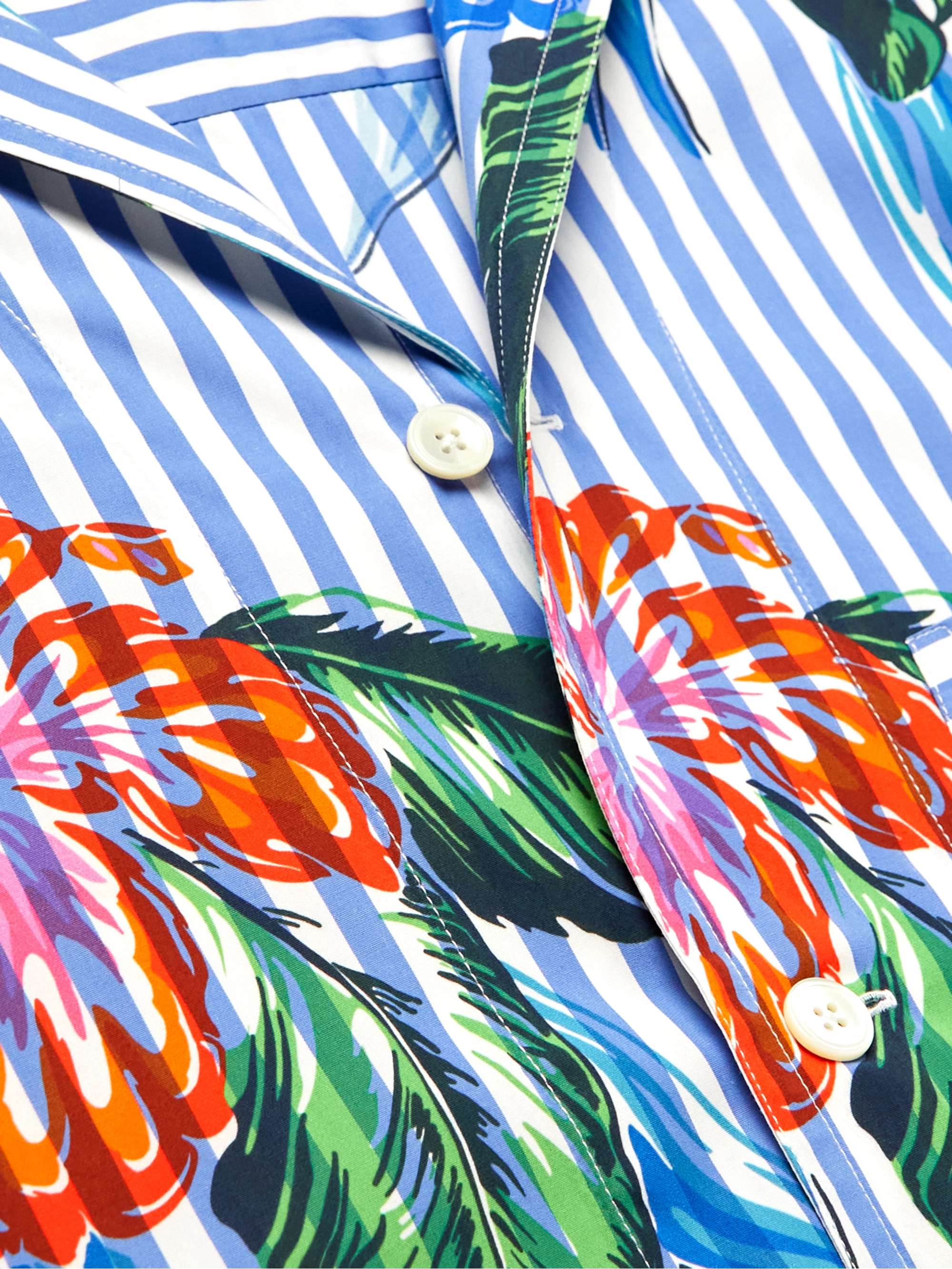 SEBLINE Camp-Collar Striped Floral-Print Cotton-Poplin Shirt