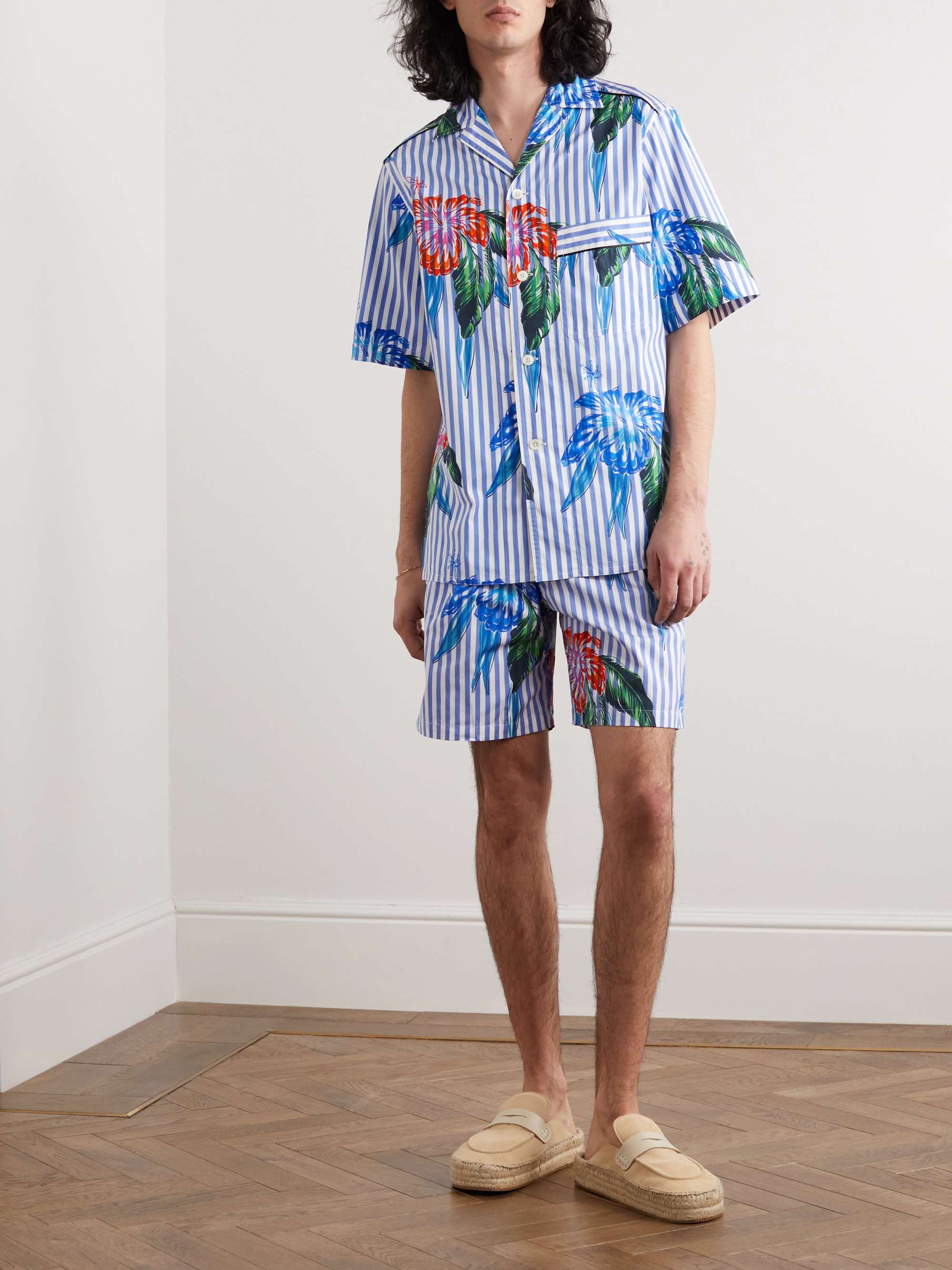 SEBLINE Camp-Collar Striped Floral-Print Cotton-Poplin Shirt
