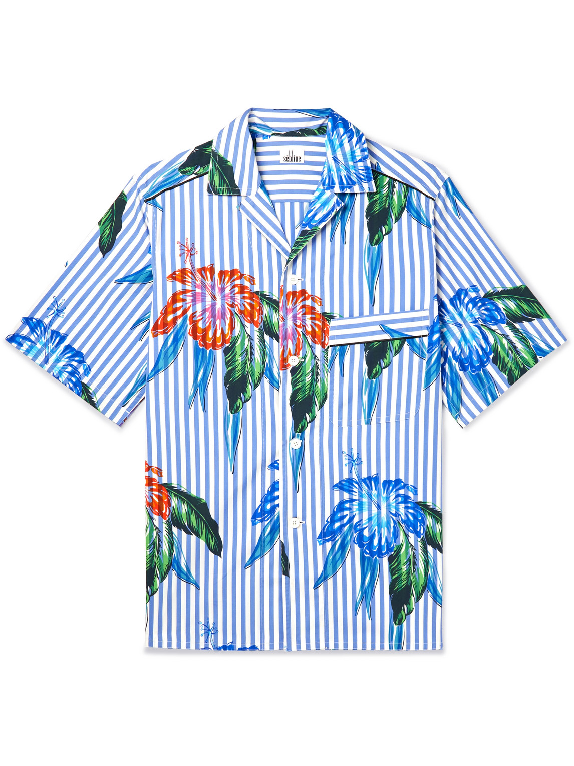 SEBLINE – Camp-Collar Striped Floral-Print Cotton-Poplin Shirt