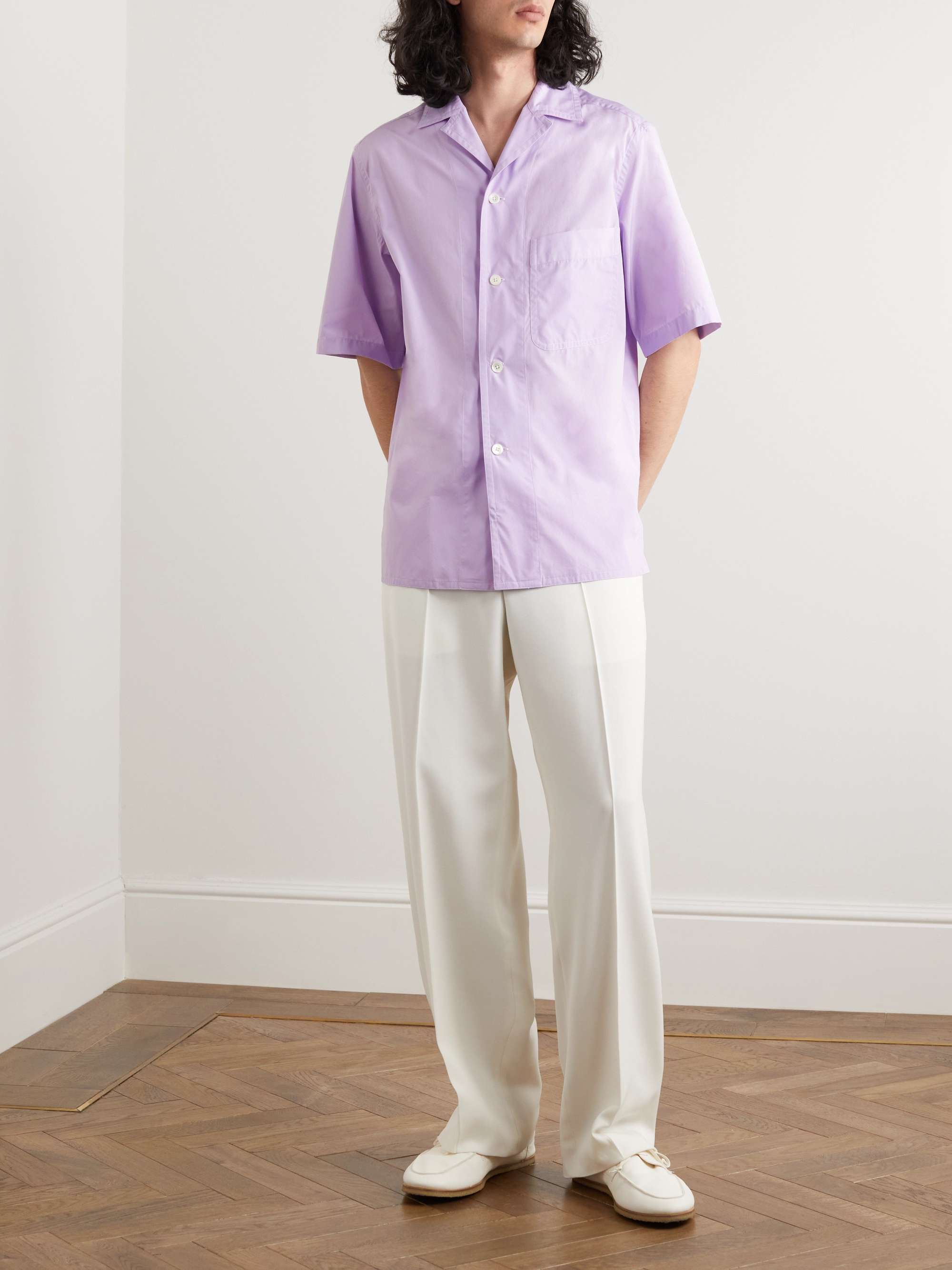 SEBLINE Camp-Collar Striped Floral-Print Cotton-Poplin Shirt