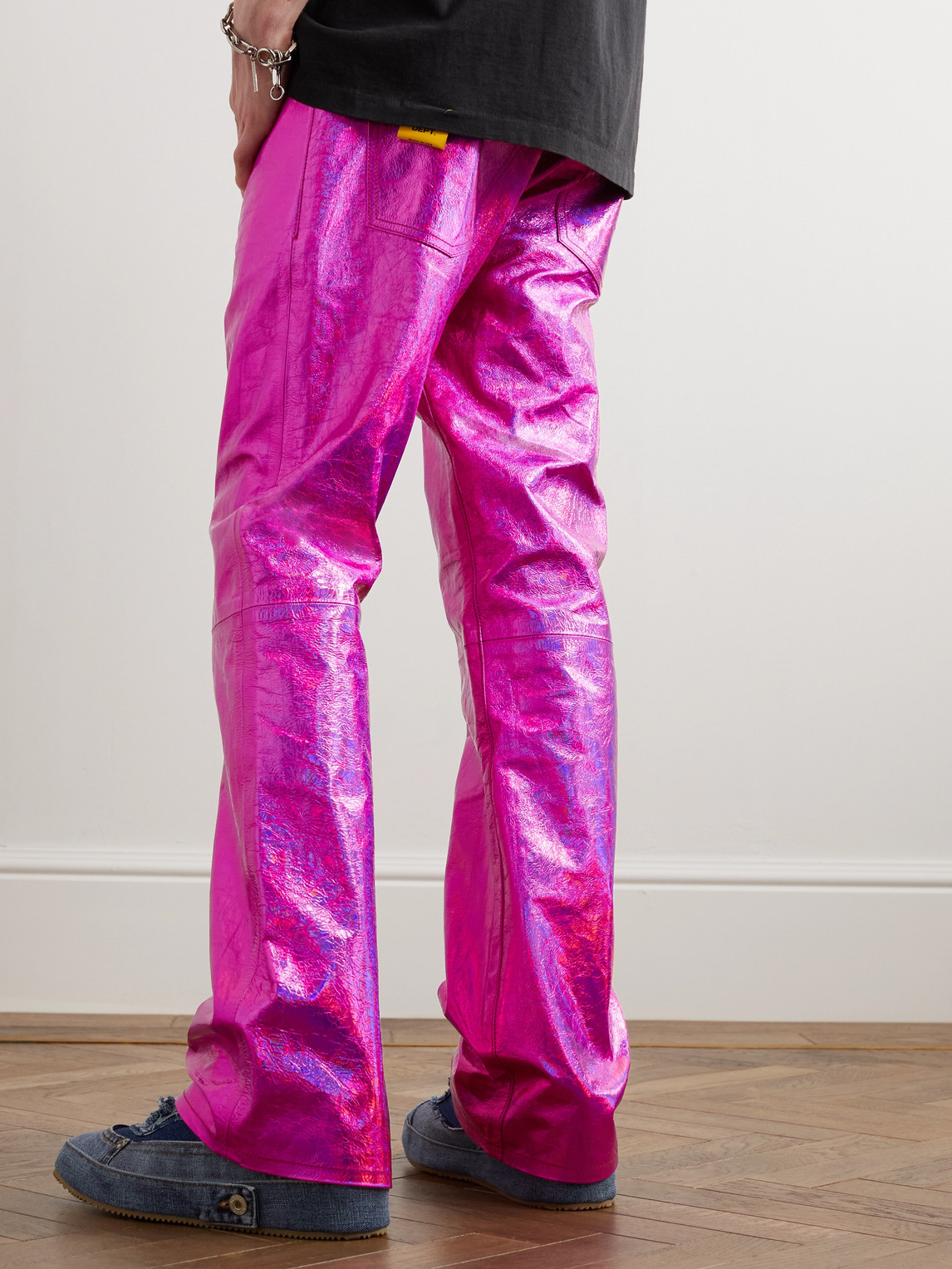 Shop Gallery Dept. Logan Galactic Flared Distressed Metallic Crinkled-leather Trousers In Pink