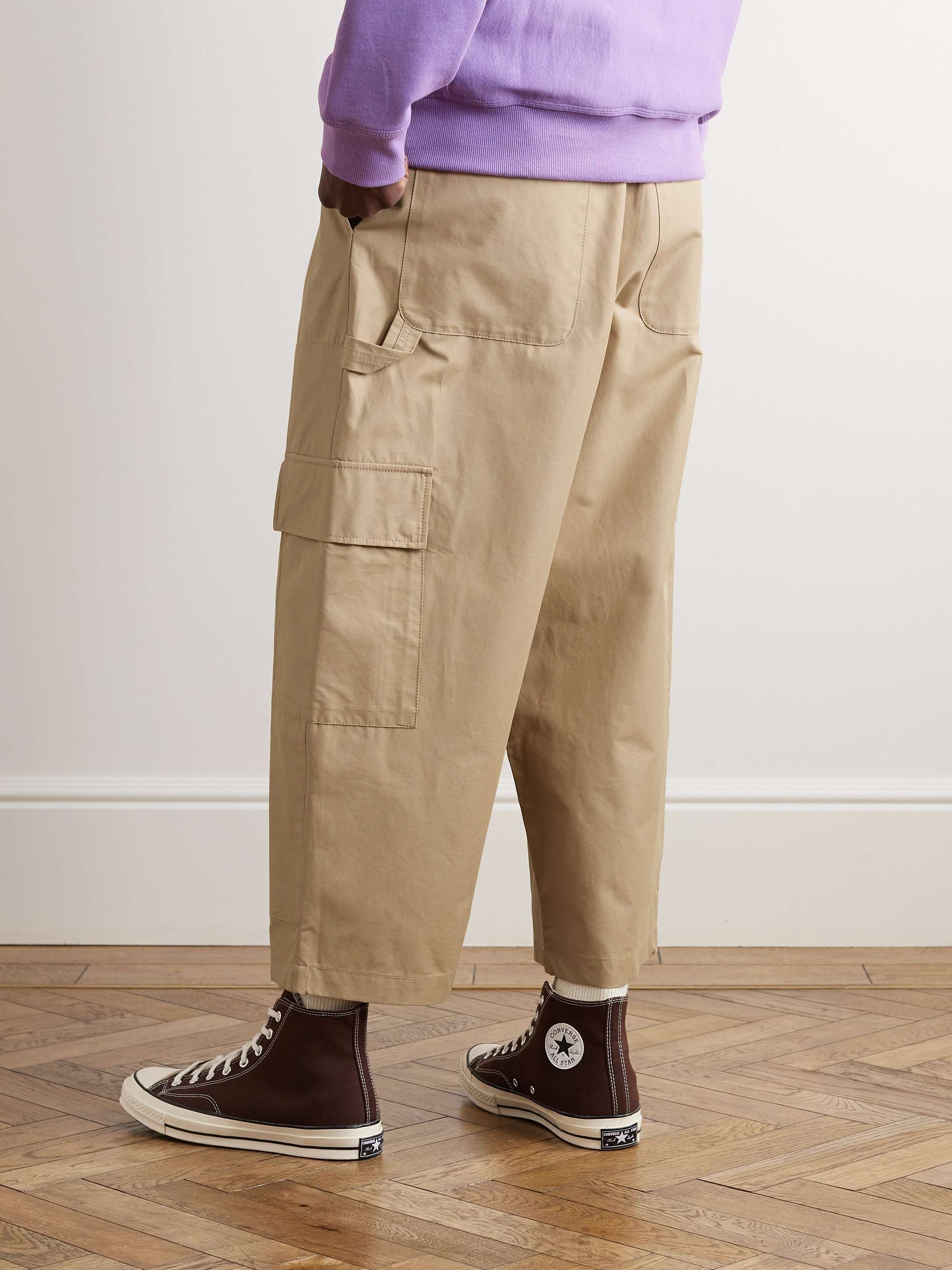 Mens Khaki Microfibre Cropped Cargo Trousers  Elasticated Waist  Atlas  For Men