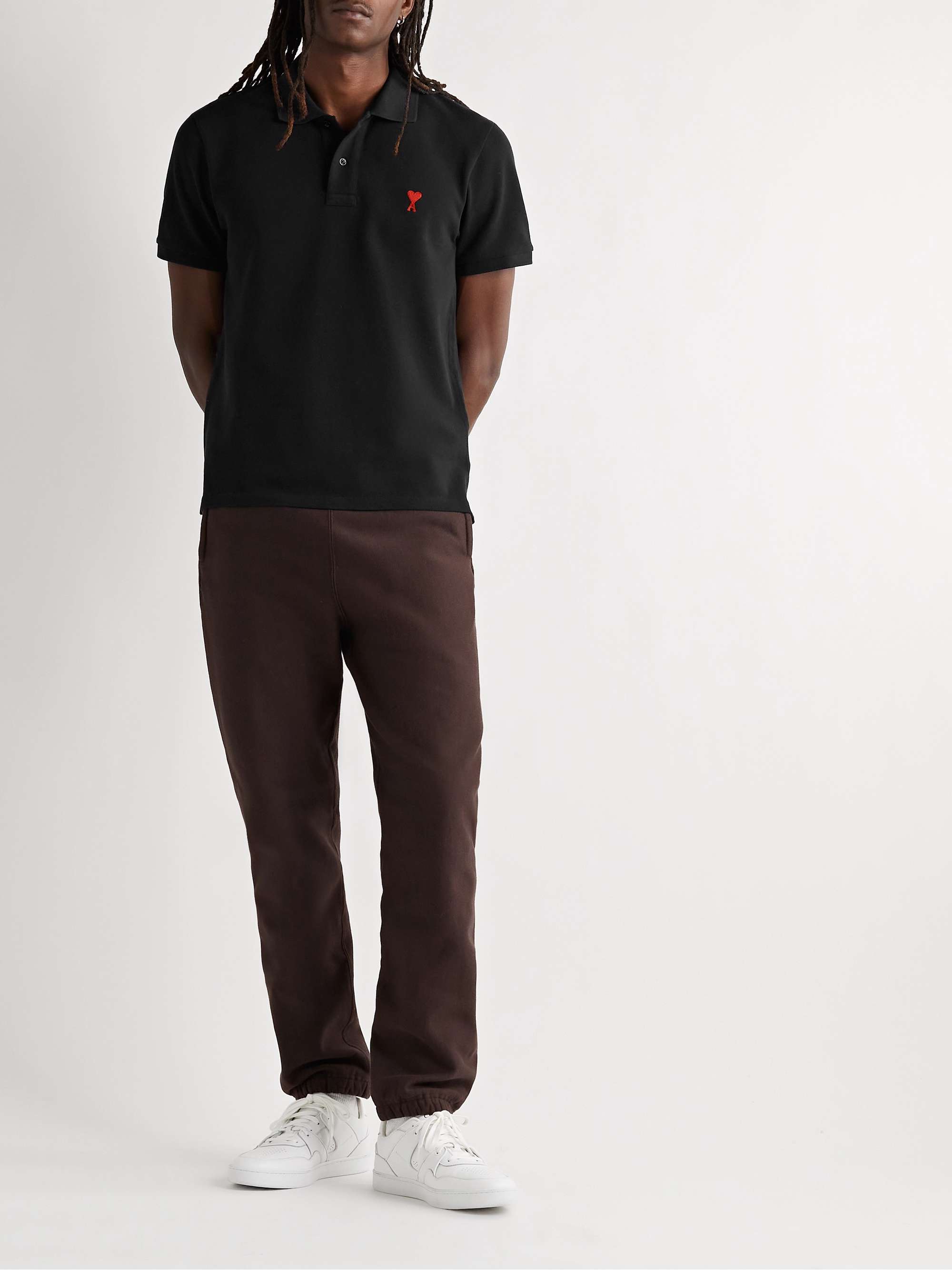 AMI PARIS Logo-Embroidered Cotton-Piqué Polo Shirt