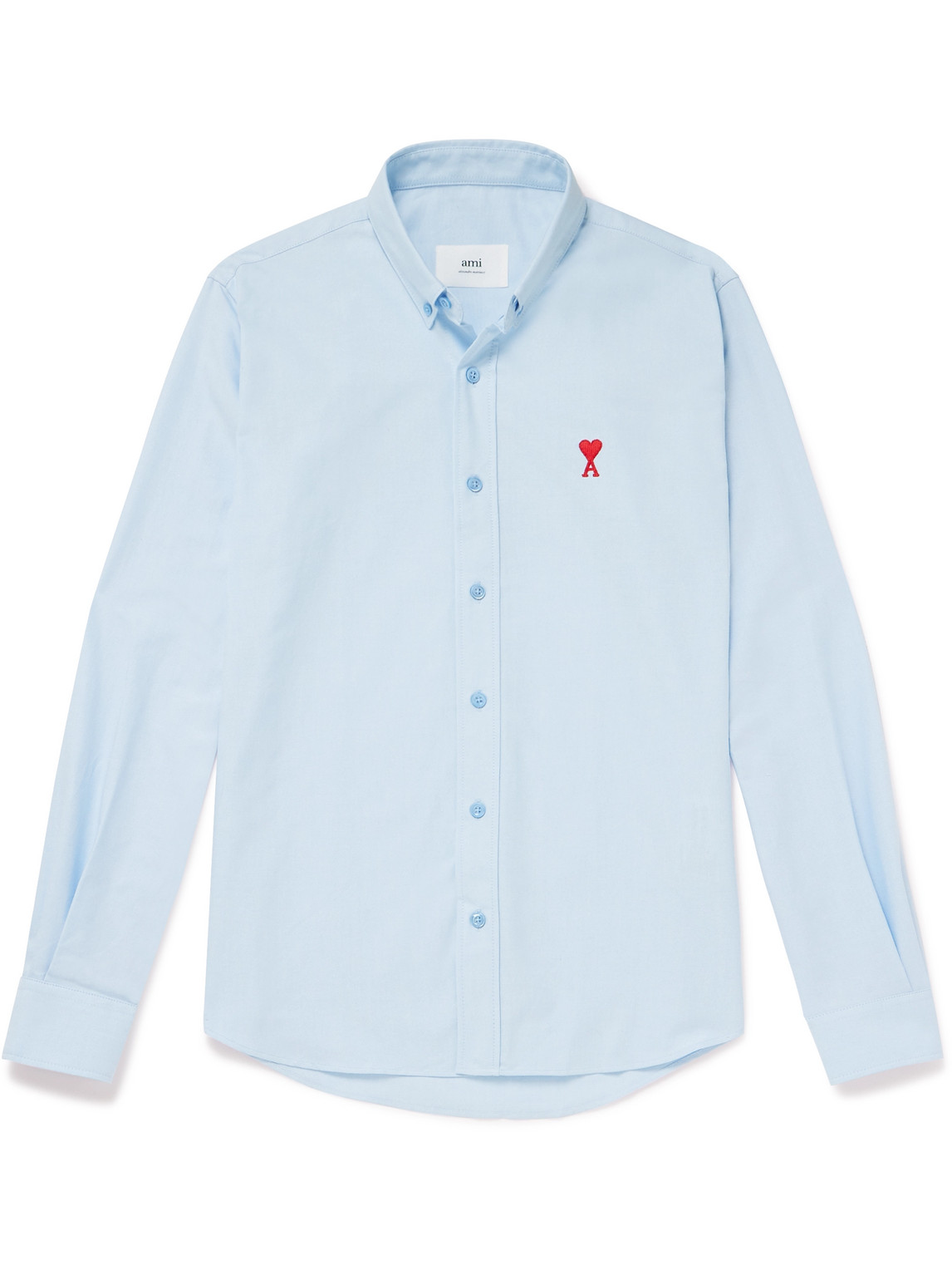 Shop Ami Alexandre Mattiussi Button-down Collar Logo-embroidered Cotton-poplin Shirt In Blue