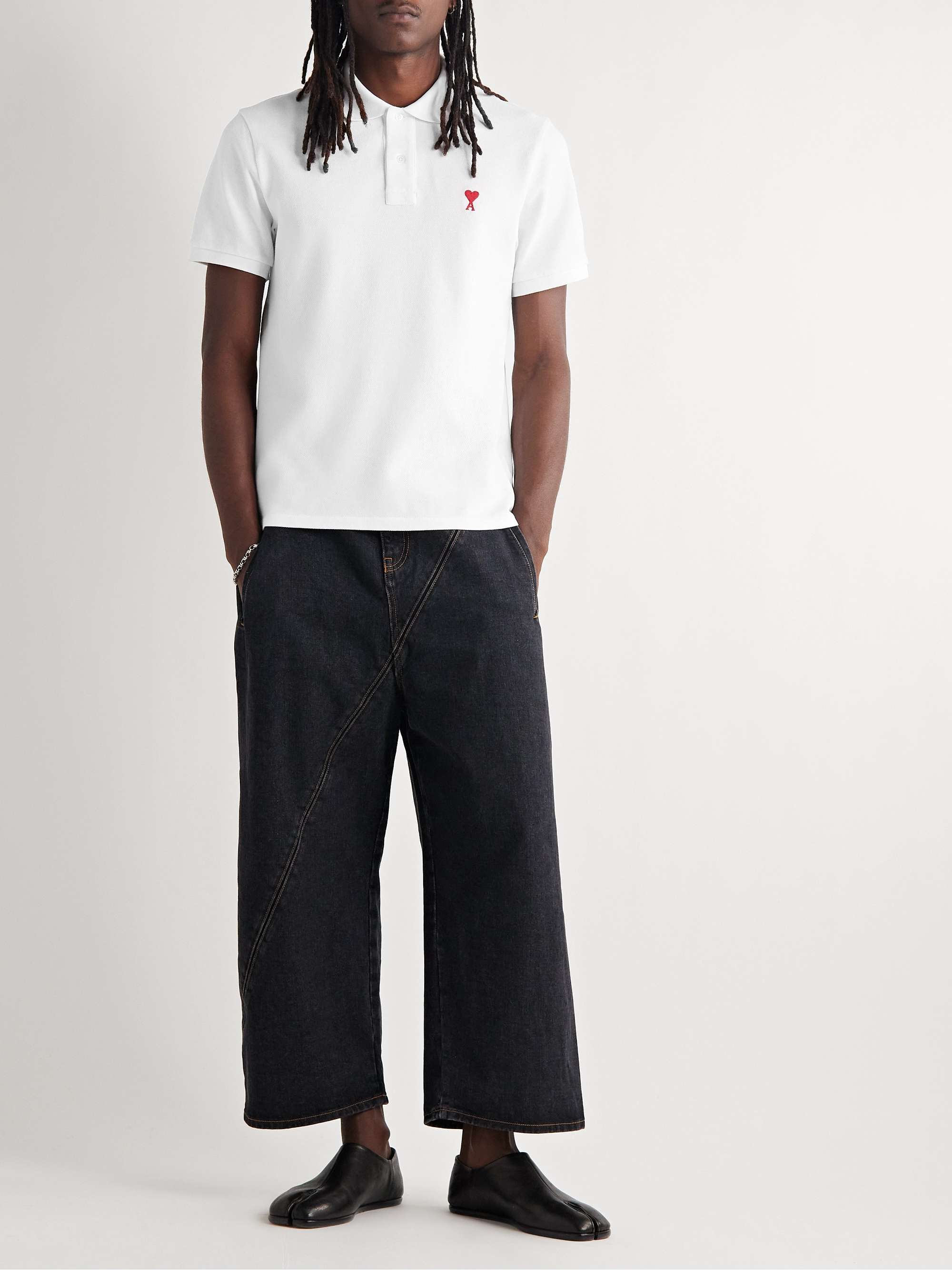 AMI PARIS Logo-Embroidered Cotton-Piqué Polo Shirt