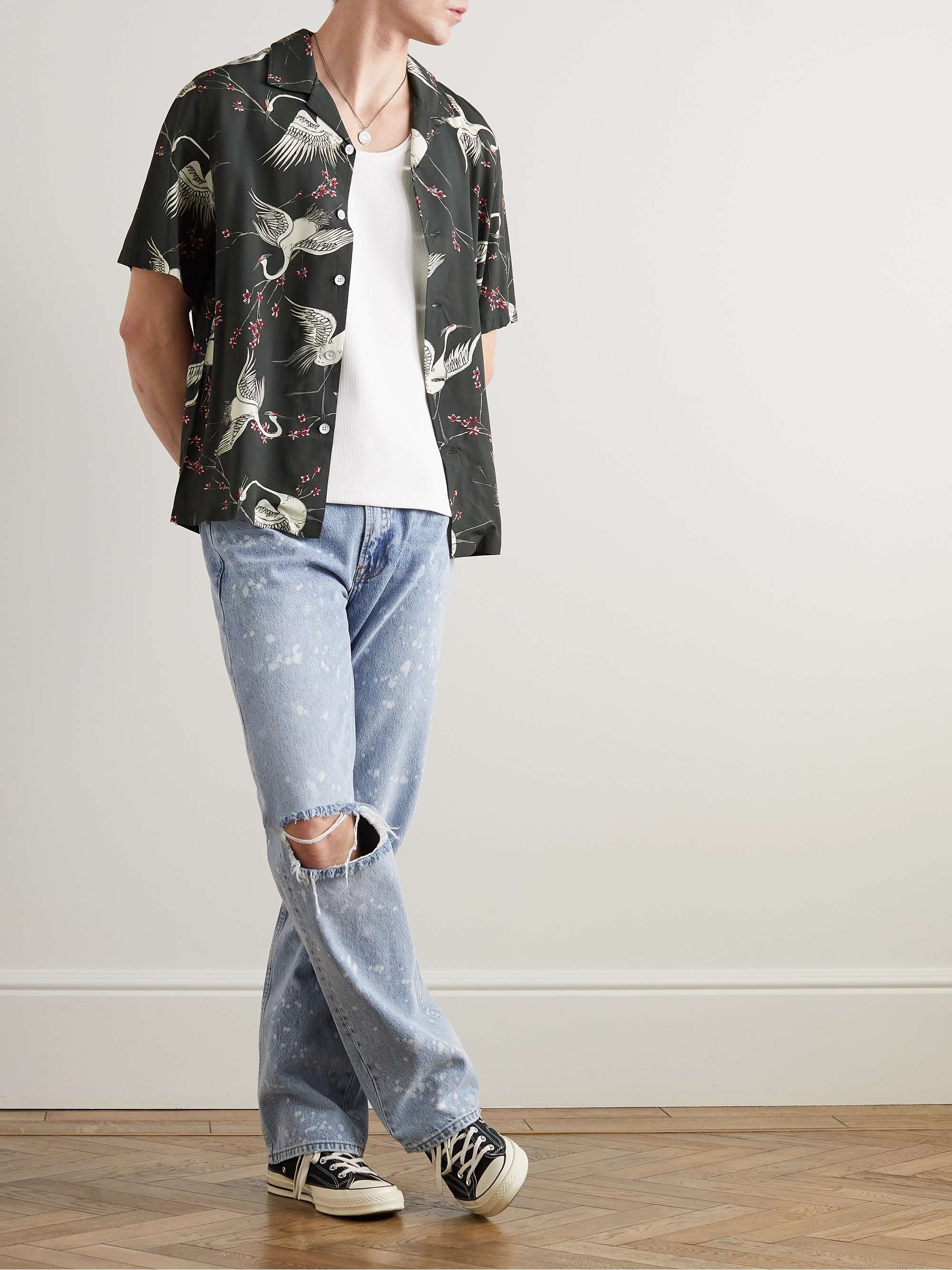 RAG & BONE Avery Convertible-Collar Floral-Print Crepe Shirt