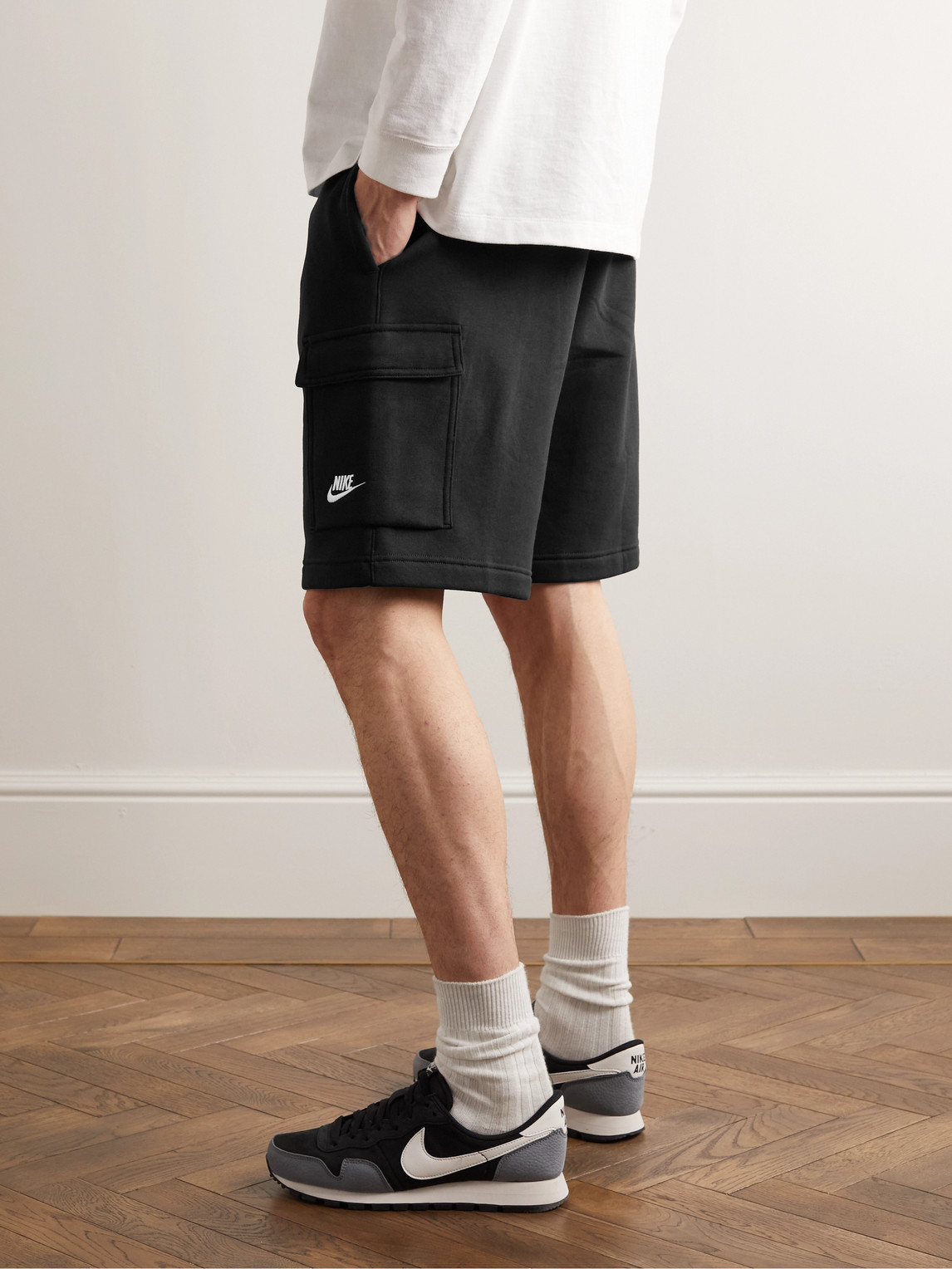 Shop Nike Sportswear Club Wide-leg Cotton-blend Jersey Cargo Shorts In Black