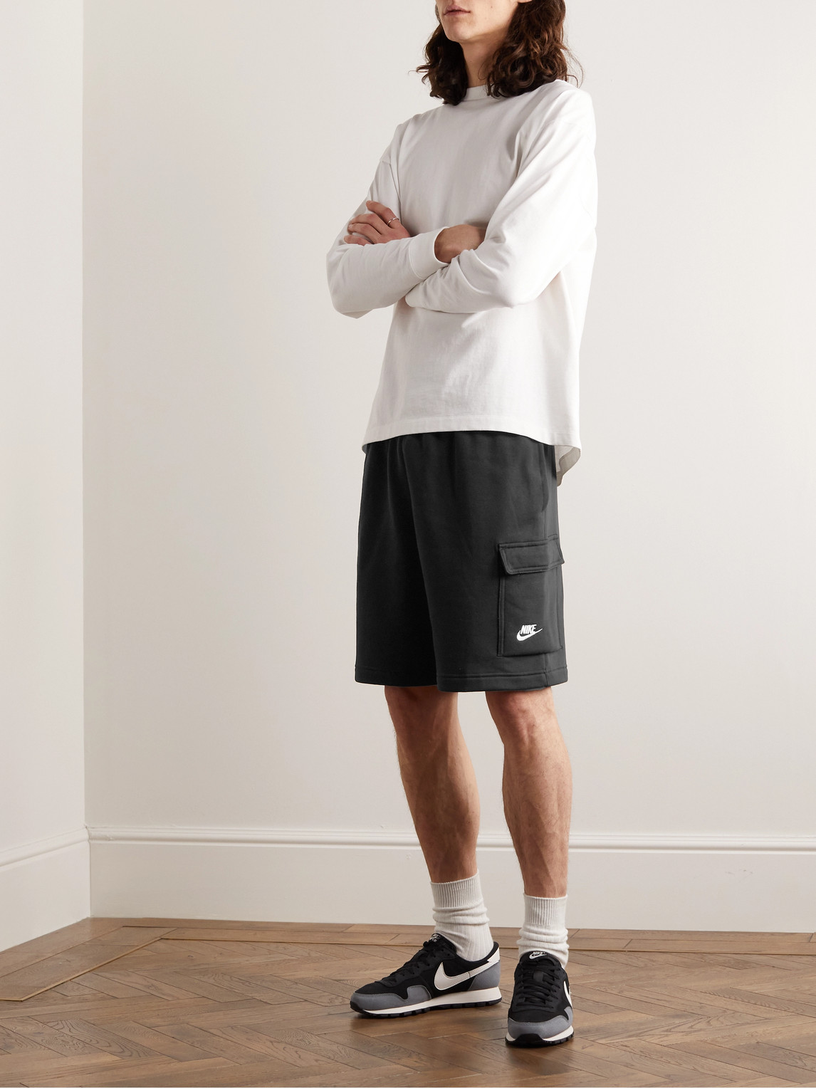 Shop Nike Sportswear Club Wide-leg Cotton-blend Jersey Cargo Shorts In Black