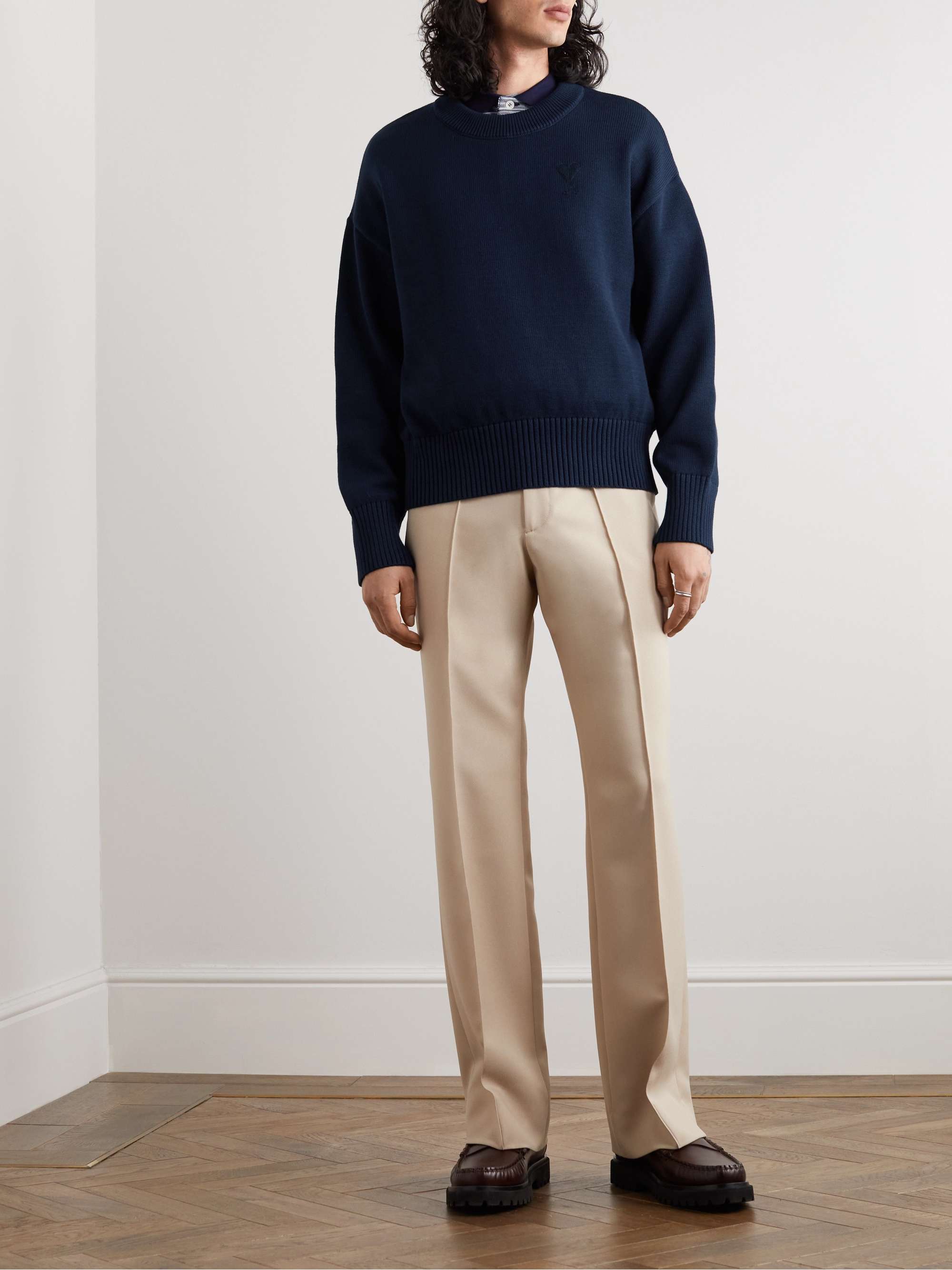 AMI PARIS ADC Logo-Embroidered Cotton and Merino Wool-Blend Sweater