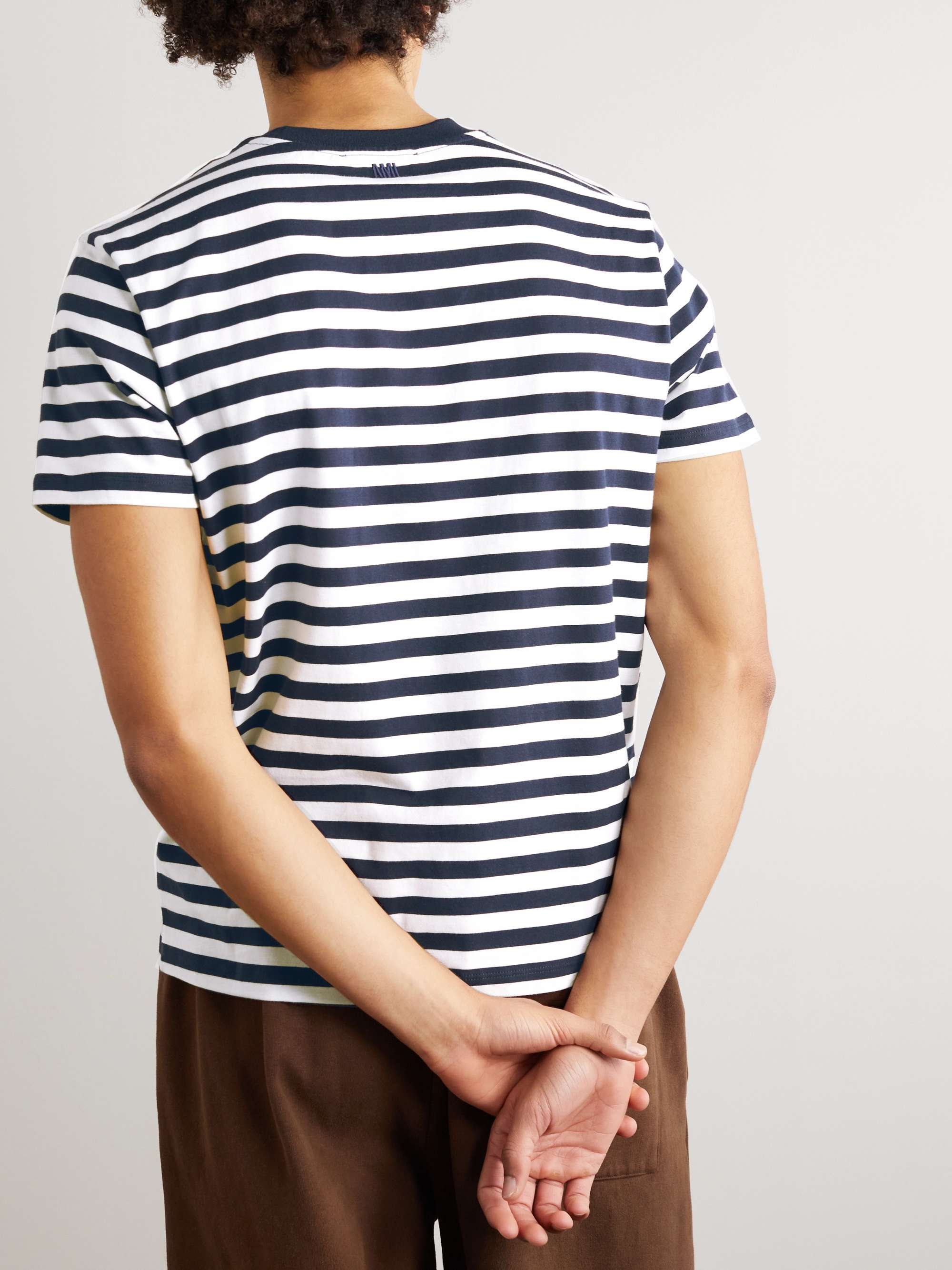 AMI PARIS Logo-Embroidered Striped Cotton-Jersey T-Shirt