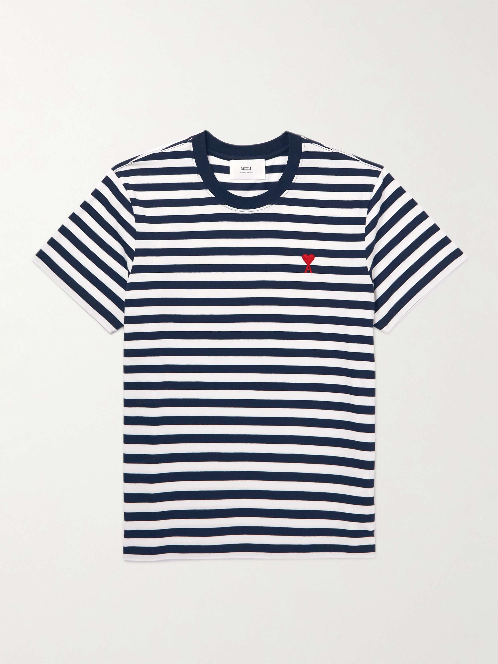AMI PARIS Logo-Embroidered Striped Cotton-Jersey T-Shirt