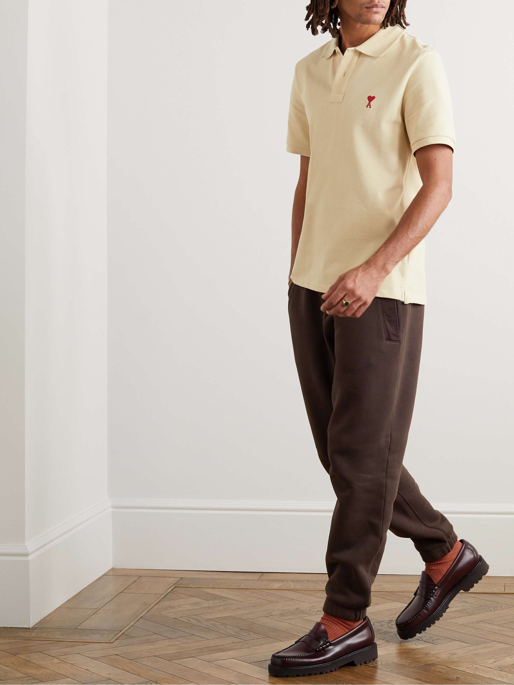 AMI PARIS Logo-Embroidered Cotton-Piqué Polo Shirt