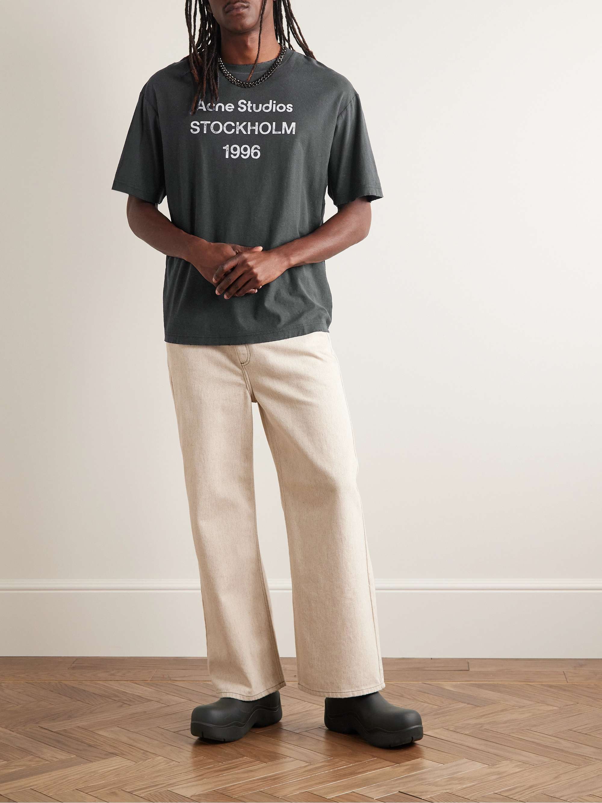 ACNE STUDIOS Oversized Distressed Logo-Print Cotton and Hemp-Blend Jersey T-shirt
