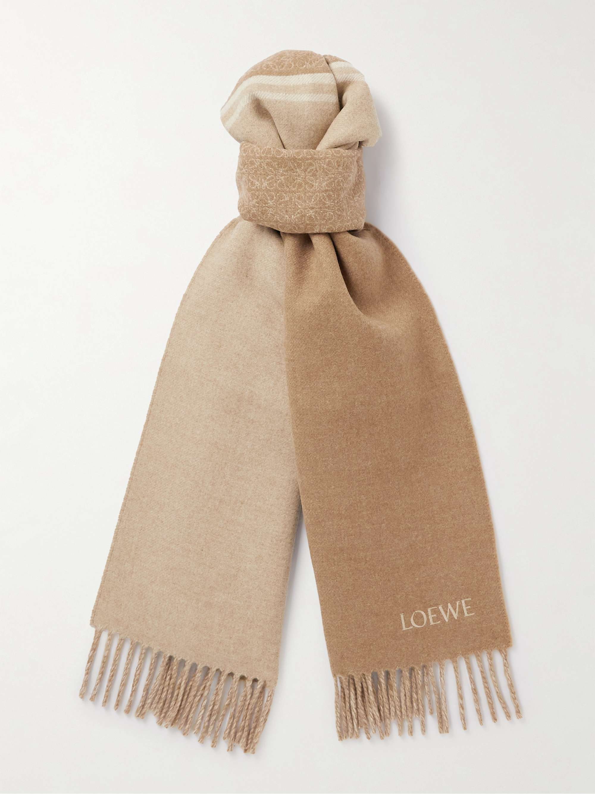 Loewe - Men - logo-embroidered Fringed Wool and Cashmere-Blend Scarf Brown