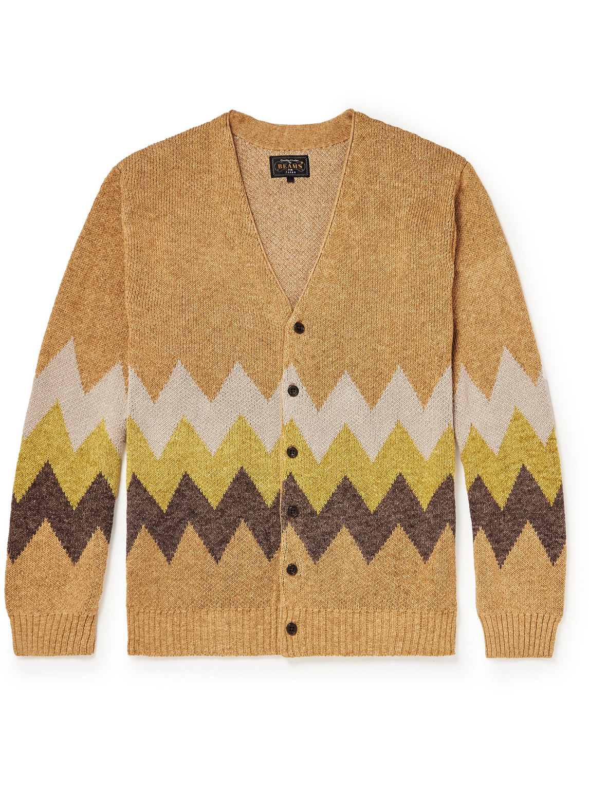 Beams Jacquard-knit Linen And Cotton-blend Cardigan In Brown