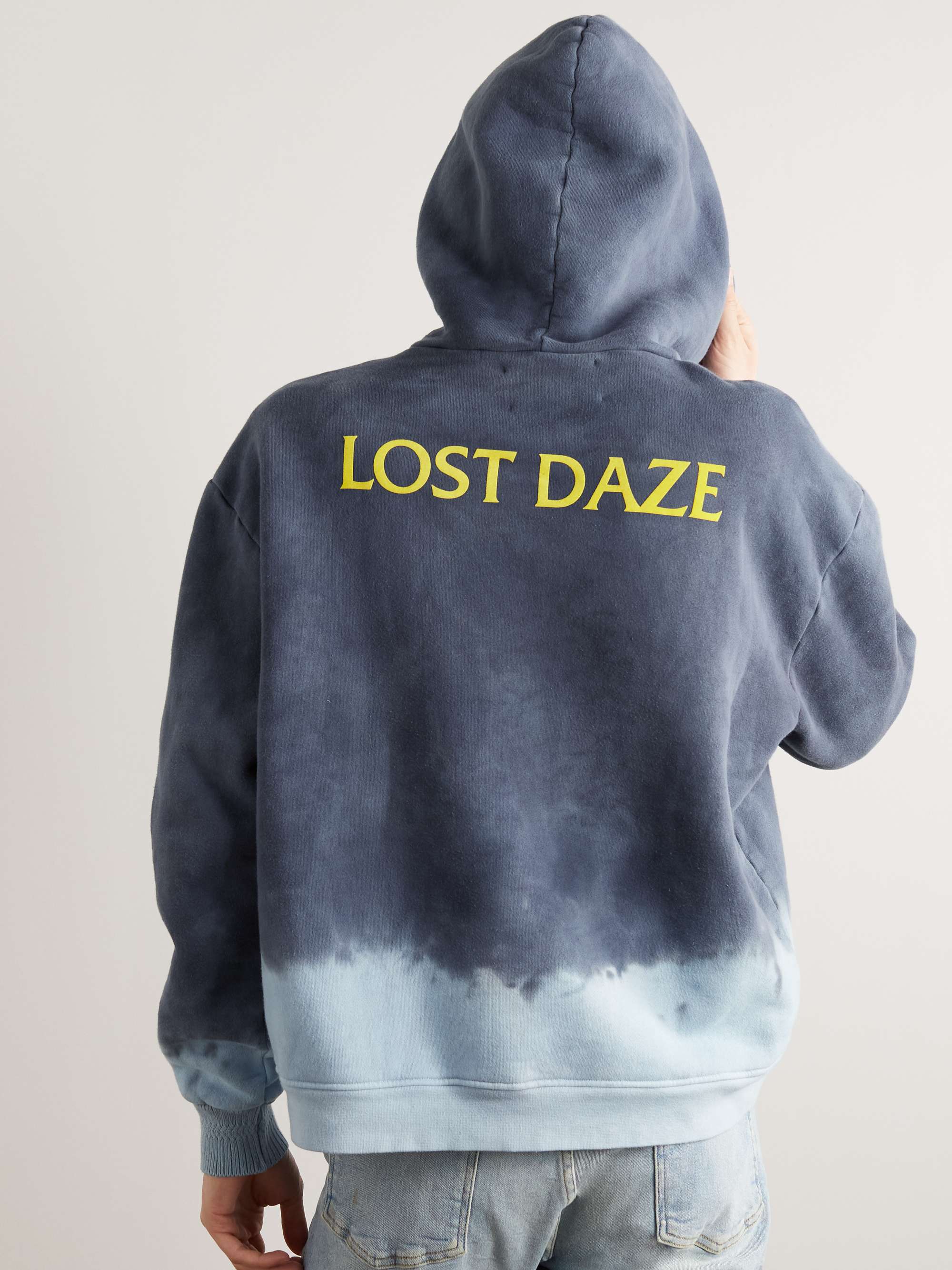 LOST DAZE Logo-Embroidered Paint-Splattered Ombré Cotton-Jersey Hoodie