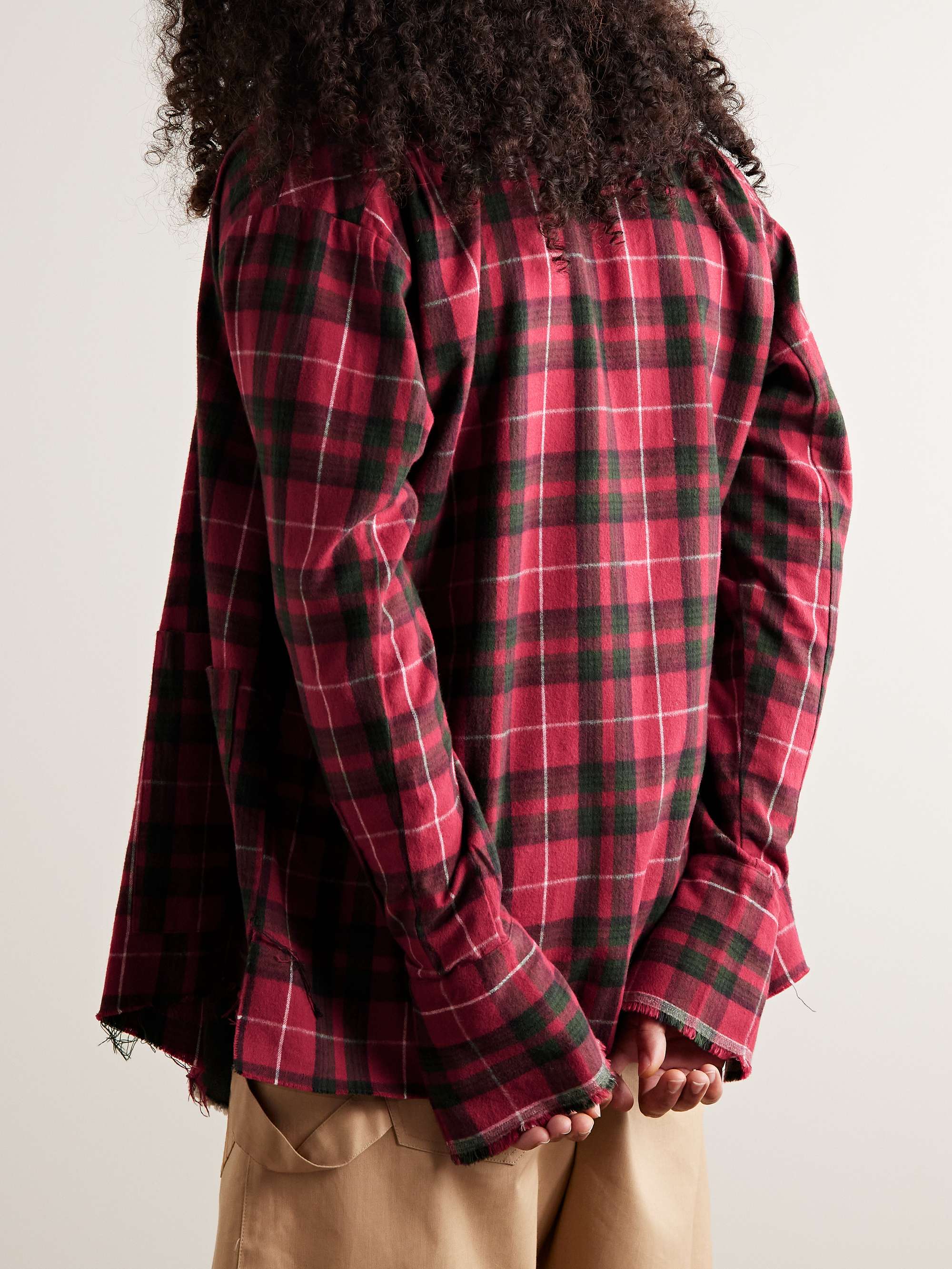 GREG LAUREN Shawl-Collar Denim-Trimmed Checked Cotton-Flannel Cardigan