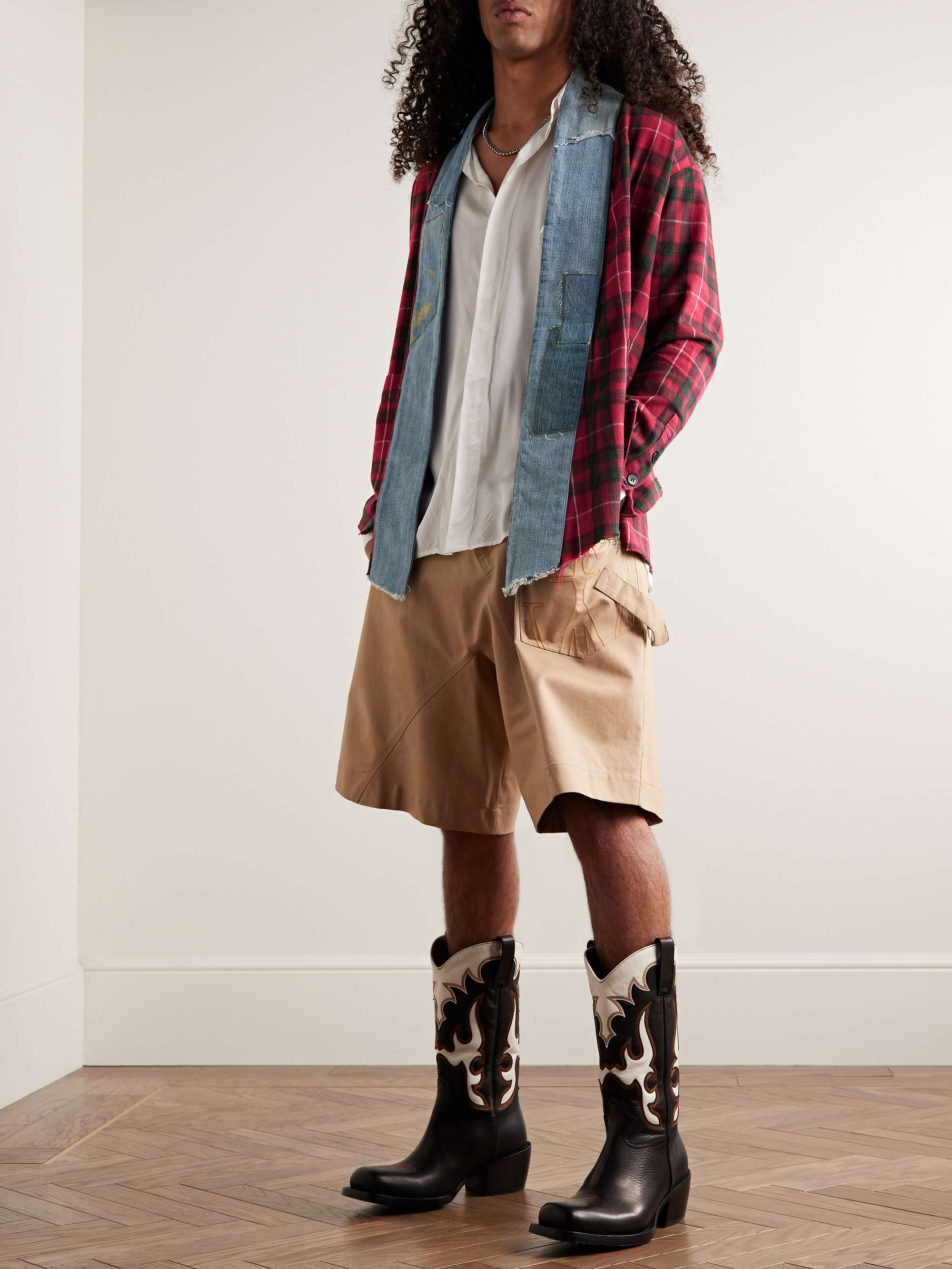 GREG LAUREN Shawl-Collar Denim-Trimmed Checked Cotton-Flannel Cardigan