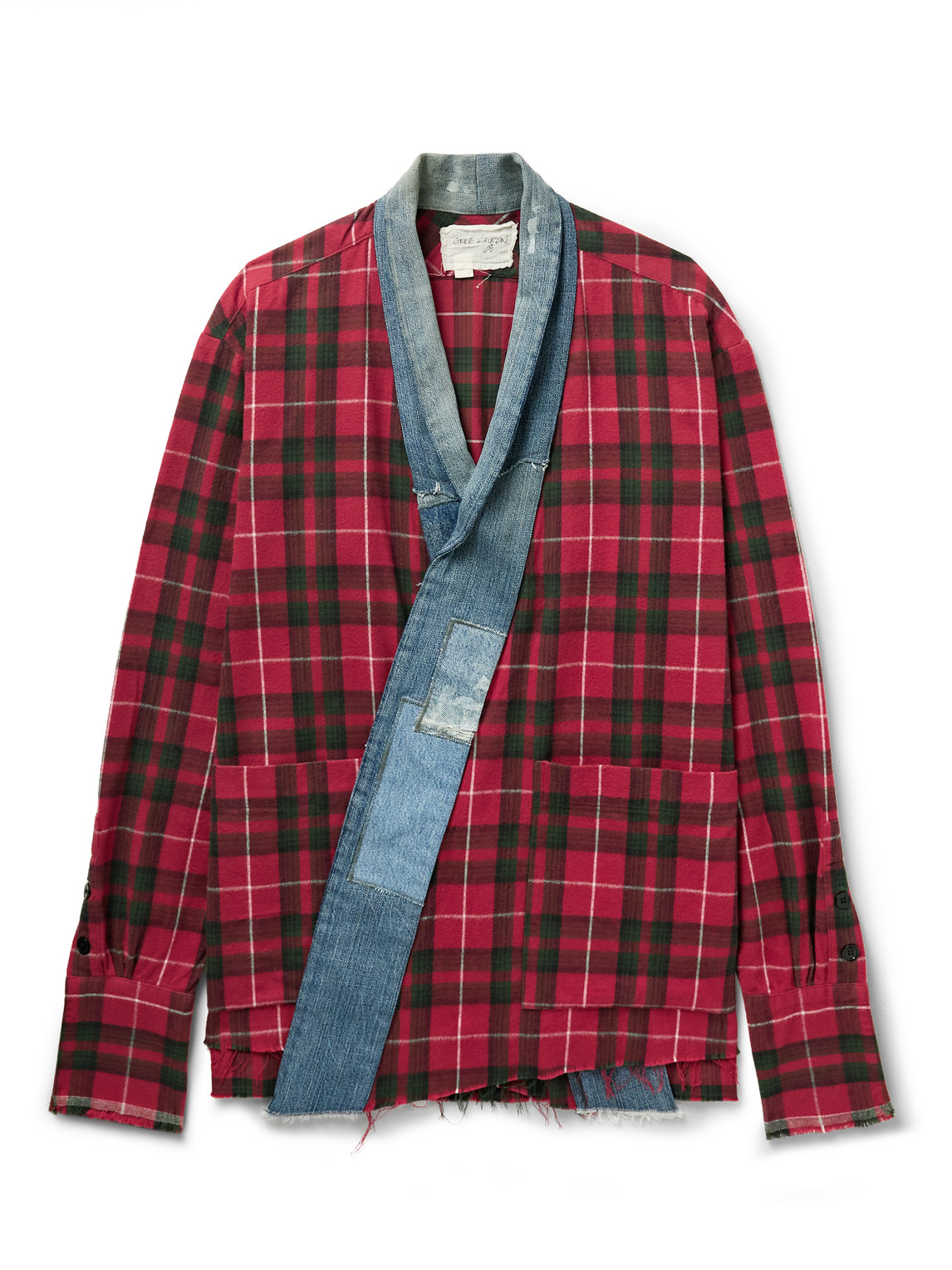 GREG LAUREN – Shawl-Collar Denim-Trimmed Checked Cotton-Flannel Cardigan