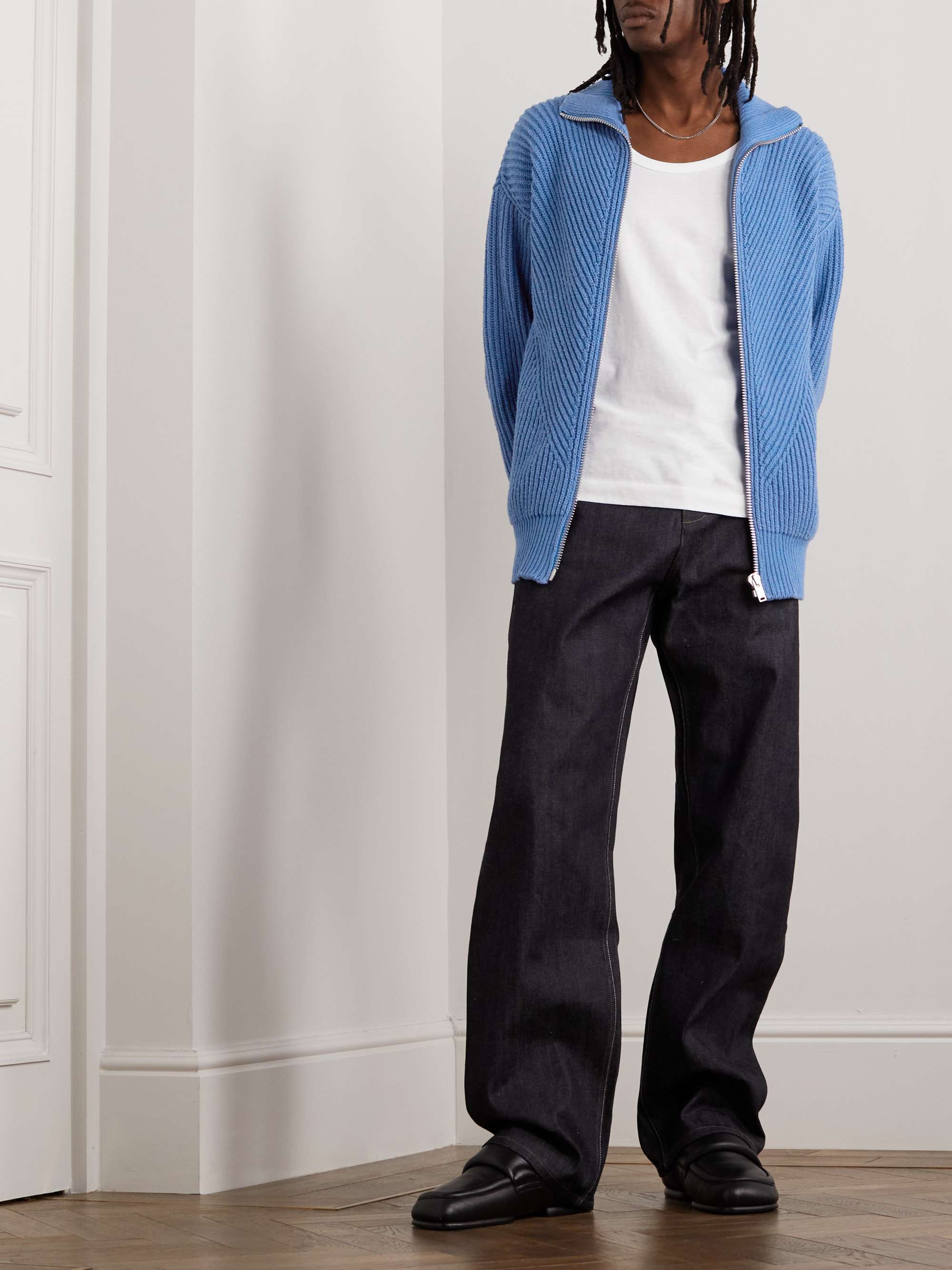 JIL SANDER Ribbed Cotton and Wool-Blend Zip-Up Sweater