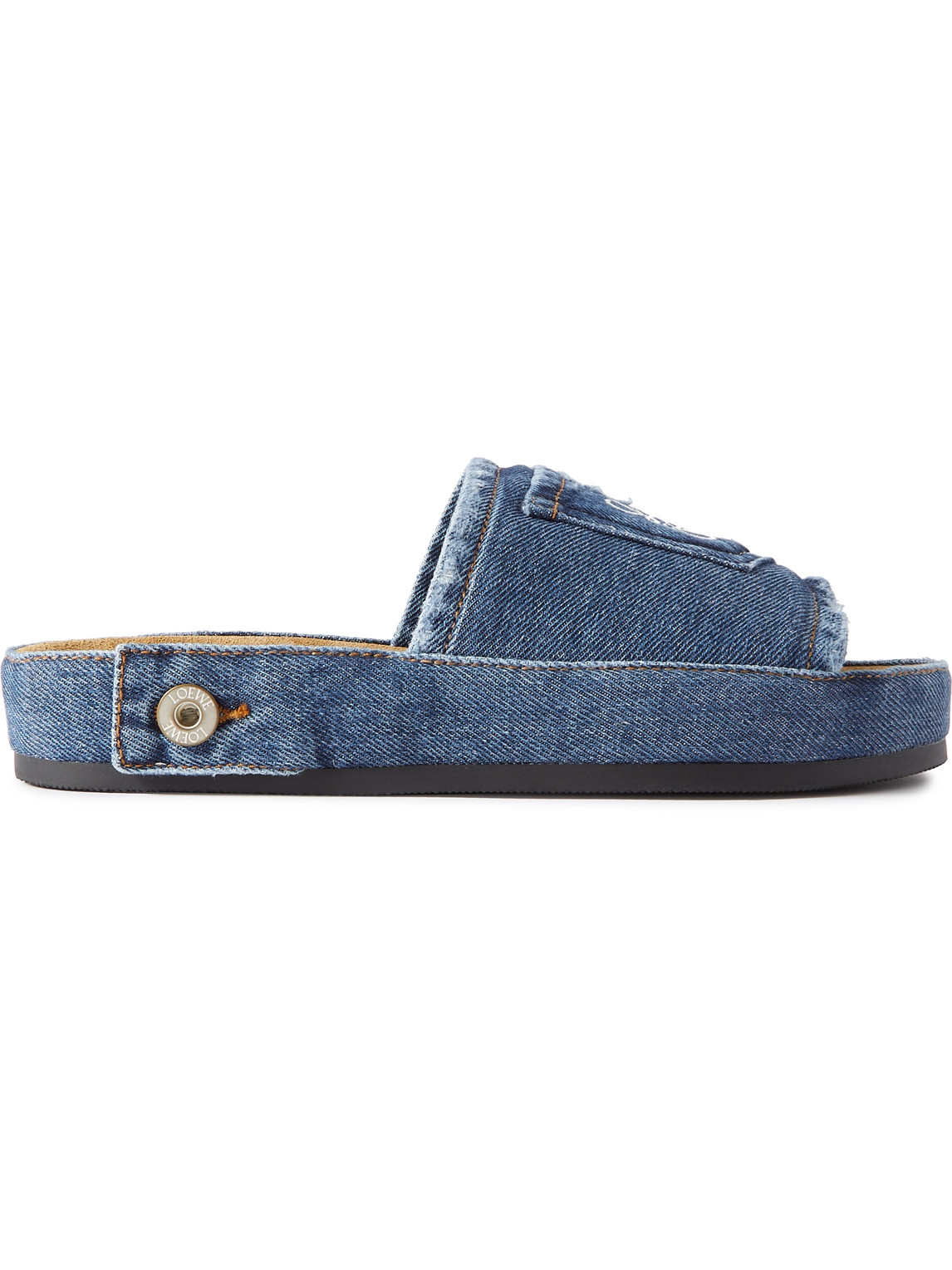 Loewe Logo-embroidered Distressed Denim Slides In Blue