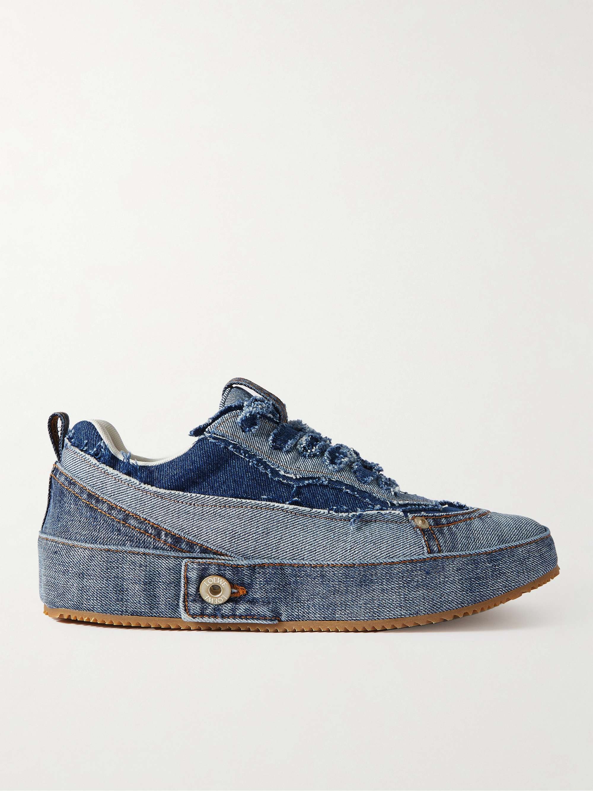 LOEWE Patchwork Distressed Denim Sneakers for Men | MR PORTER