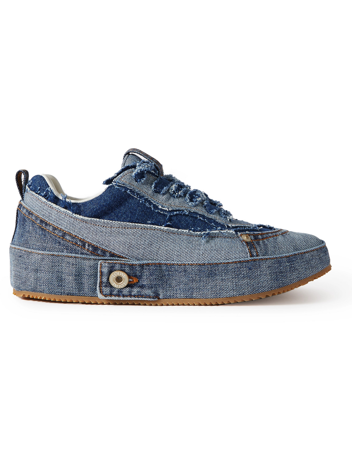 Loewe Patchwork Distressed Denim Sneakers In Blue