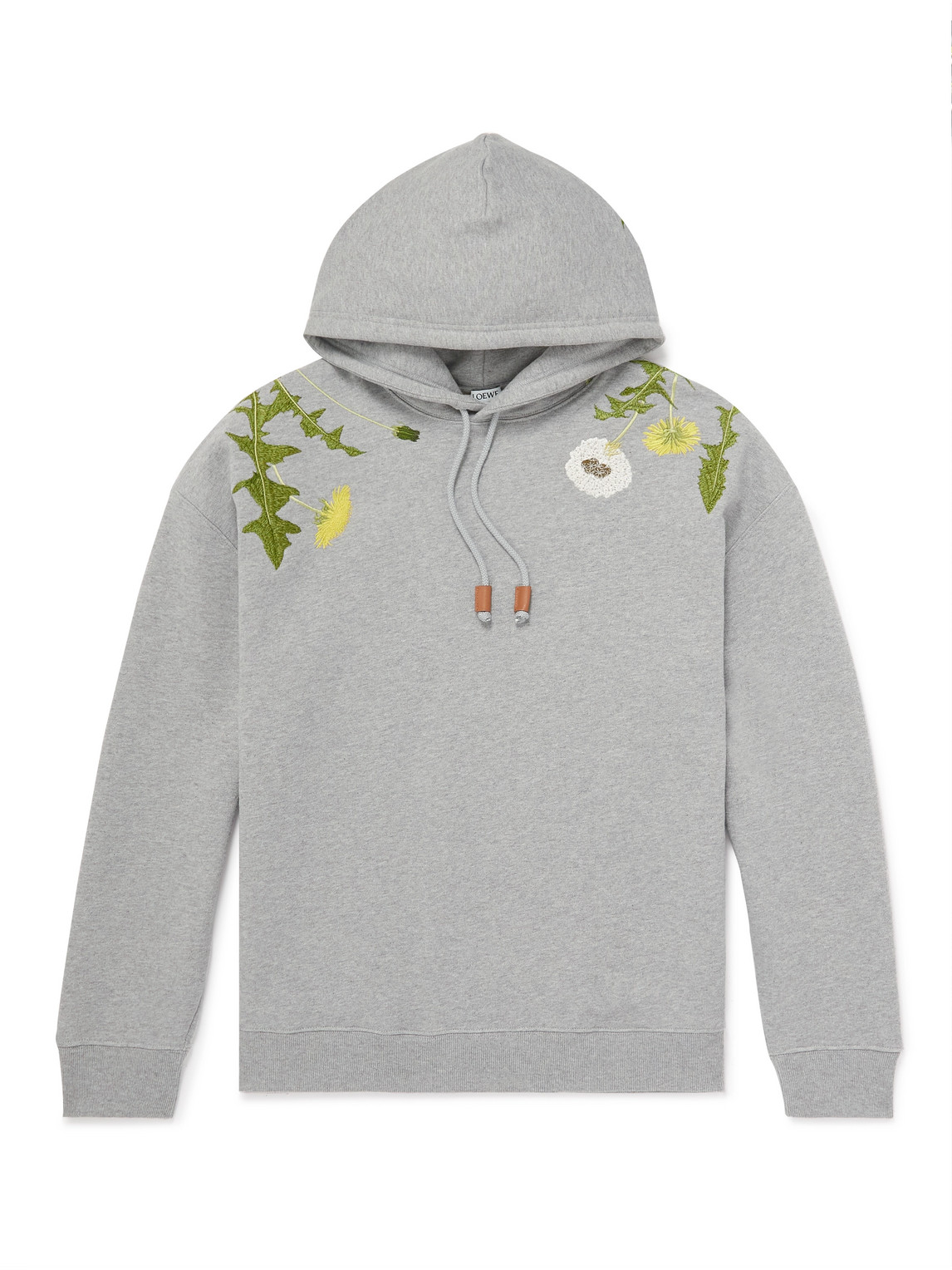 Loewe Anagram Floral Embroidery Drawstring Cotton Hoodie In Gray