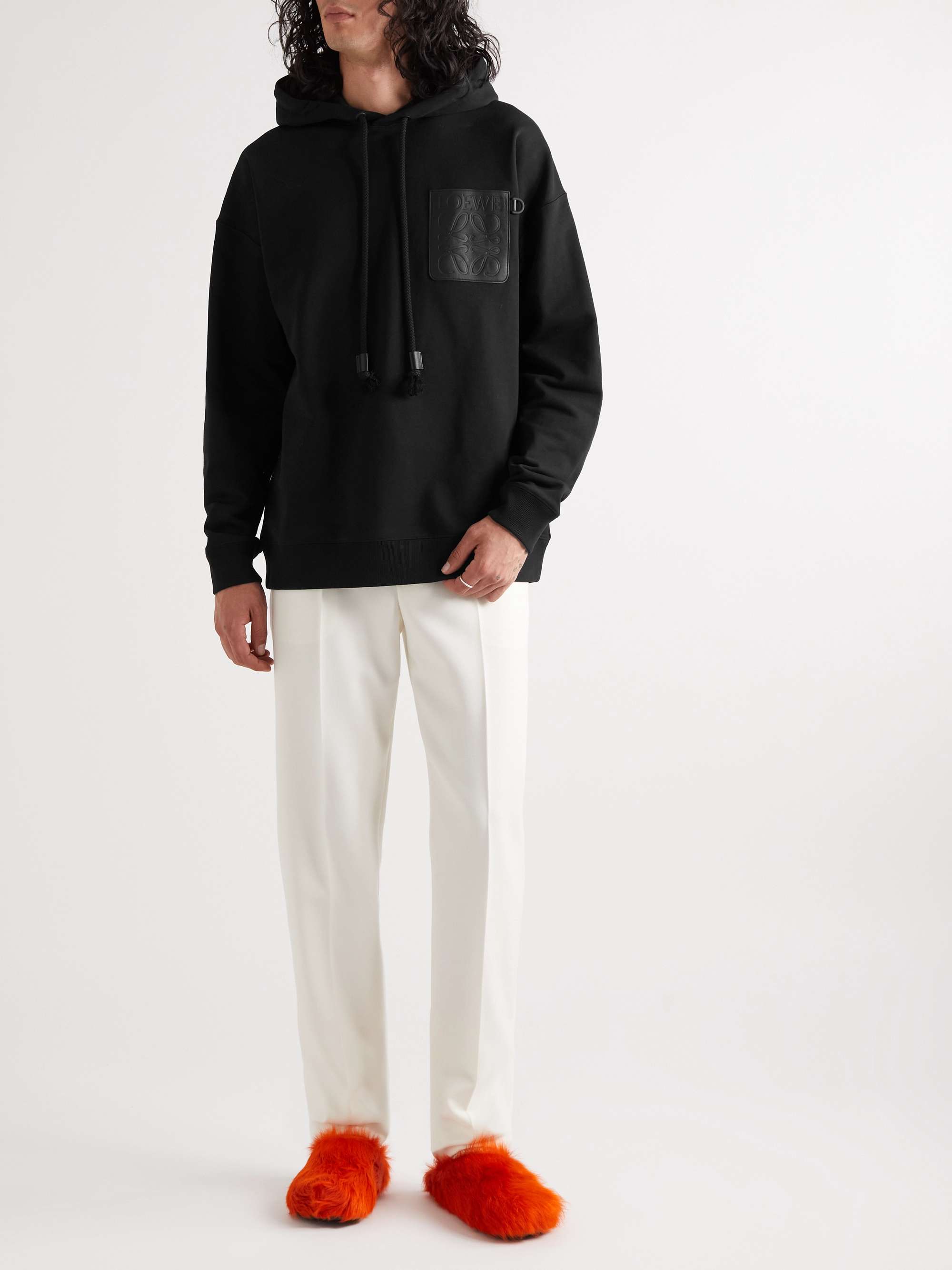 Anagram Leather-Trimmed Cotton-Jersey Hoodie