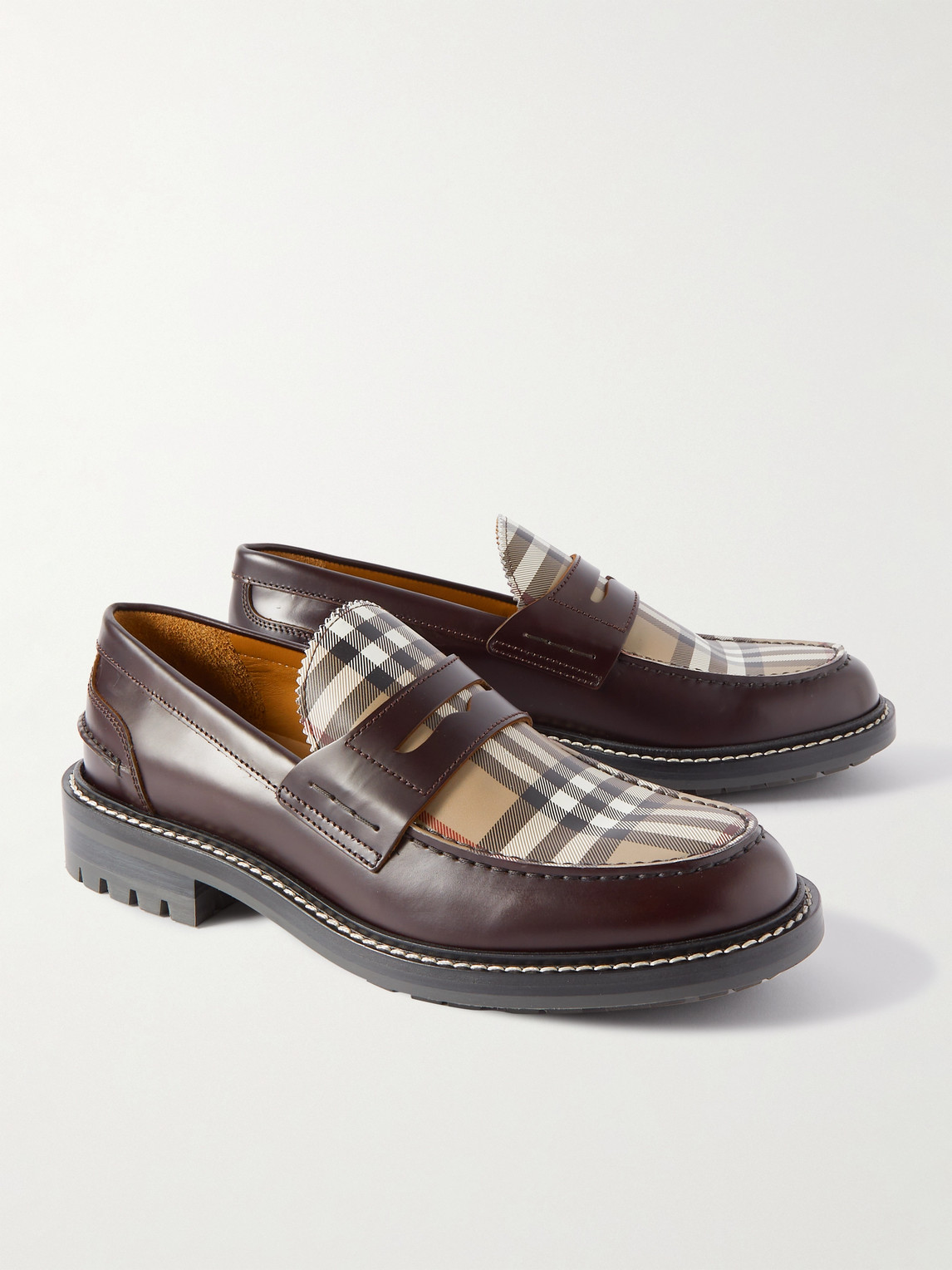 Shop Burberry Checked Leather Penny Loafers In Brown