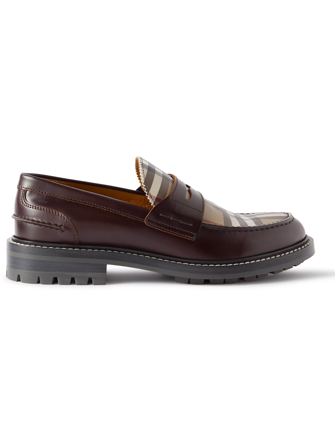 Burberry Checked Leather Penny Loafers In Brown