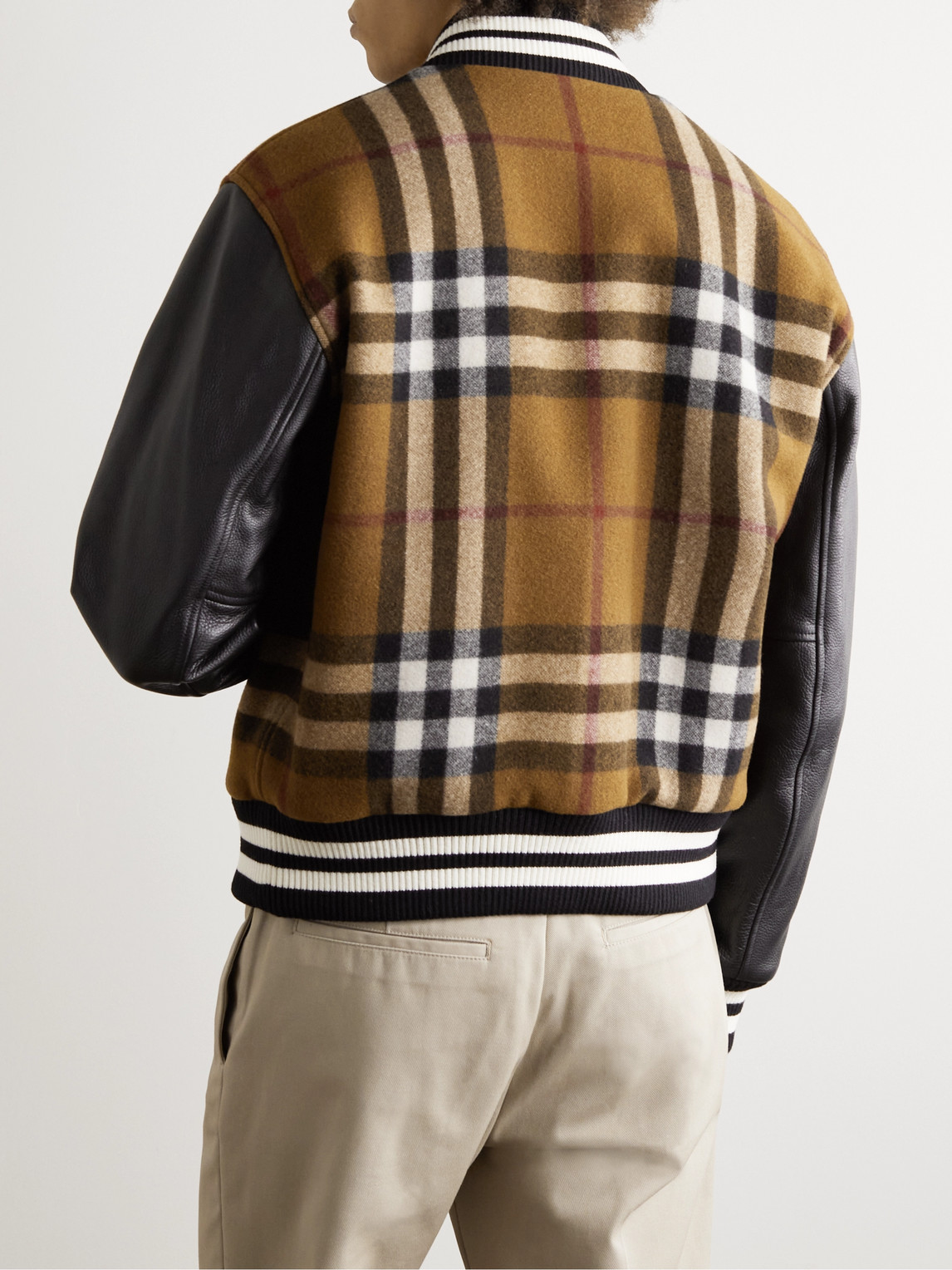 Shop Burberry Checked Wool-blend And Full-grain Leather Varsity Jacket In Brown