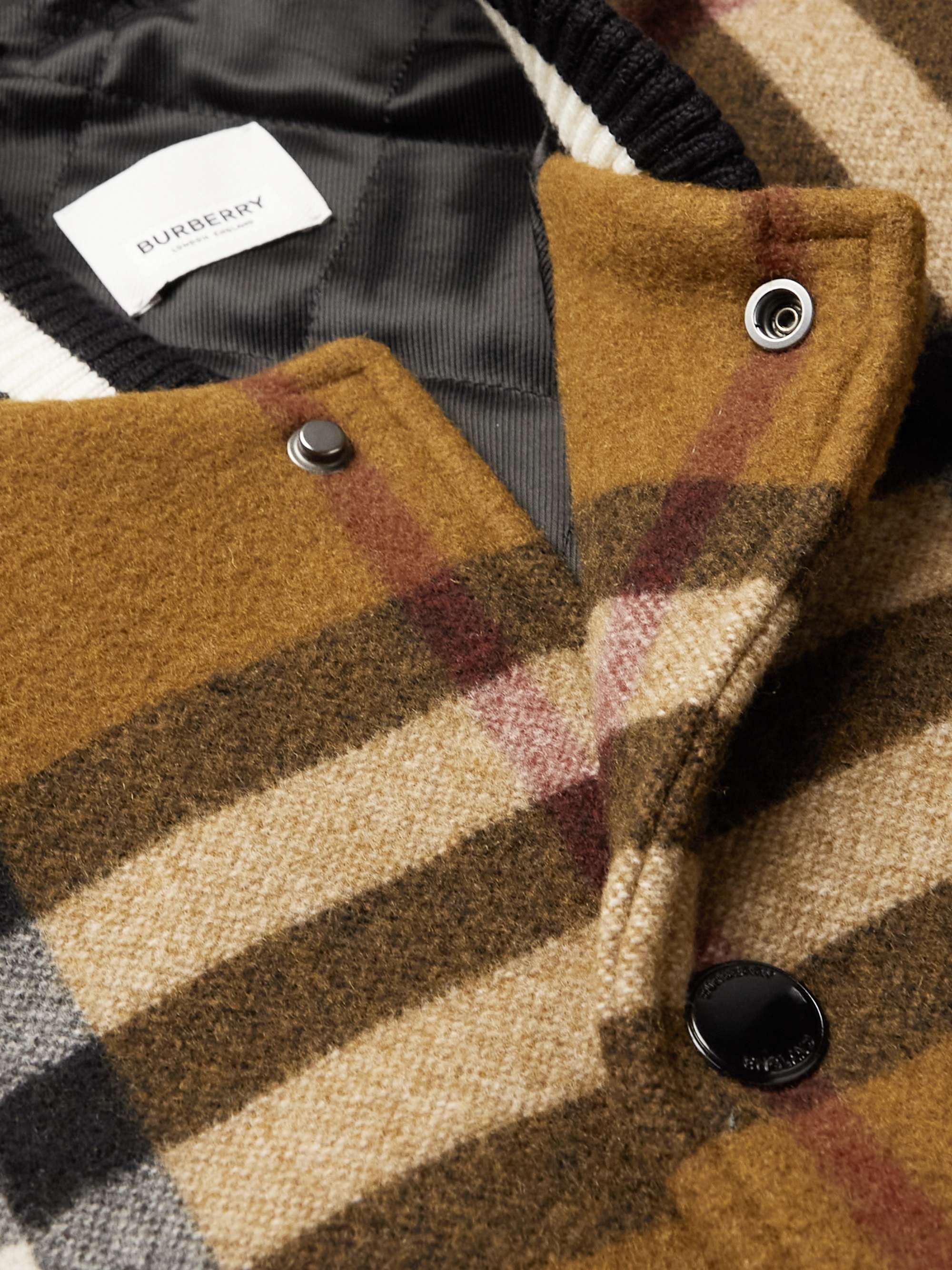 BURBERRY Checked Wool-Blend and Full-Grain Leather Varsity Jacket