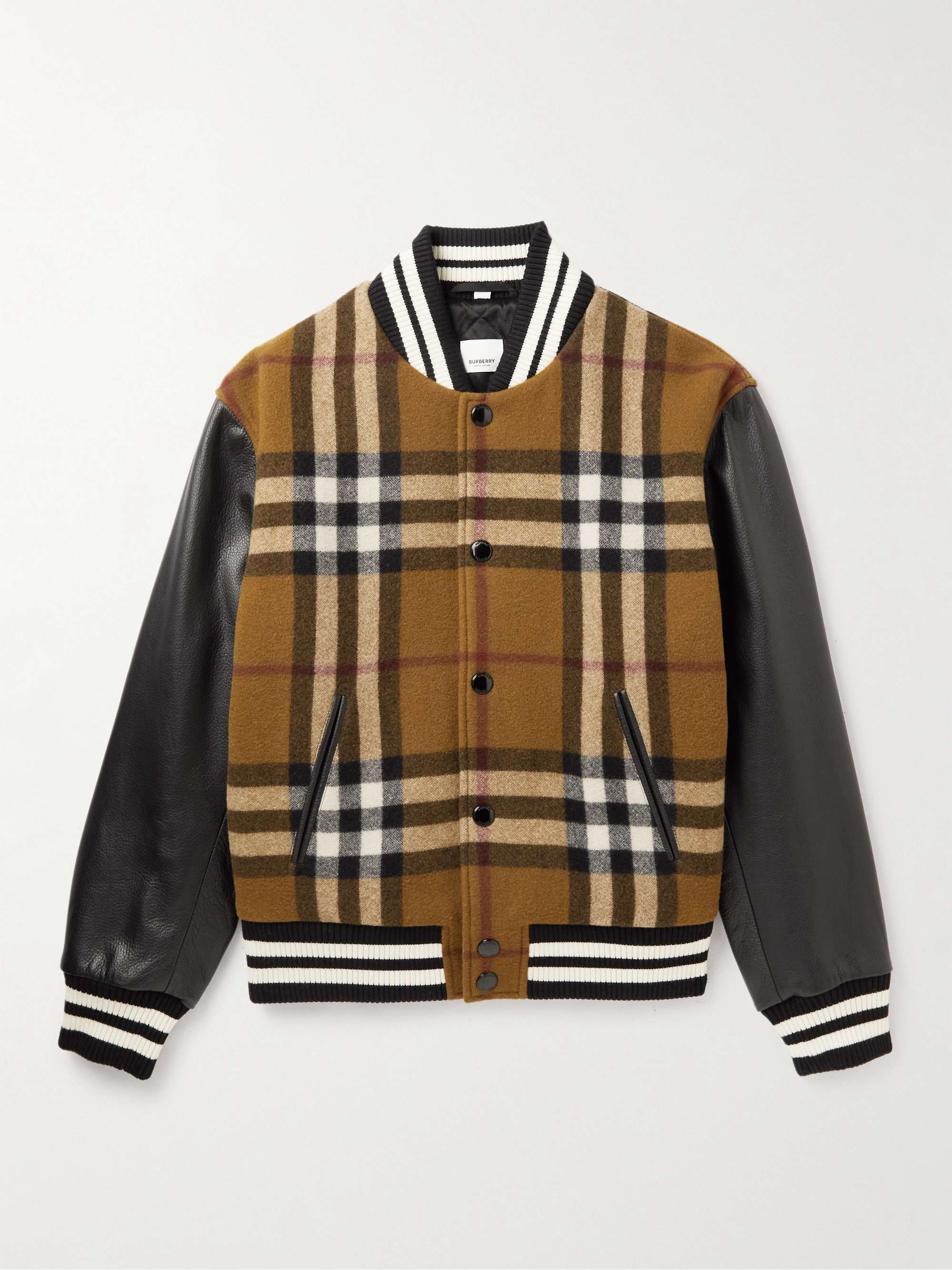 BURBERRY Checked Wool-Blend and Full-Grain Leather Varsity Jacket for ...