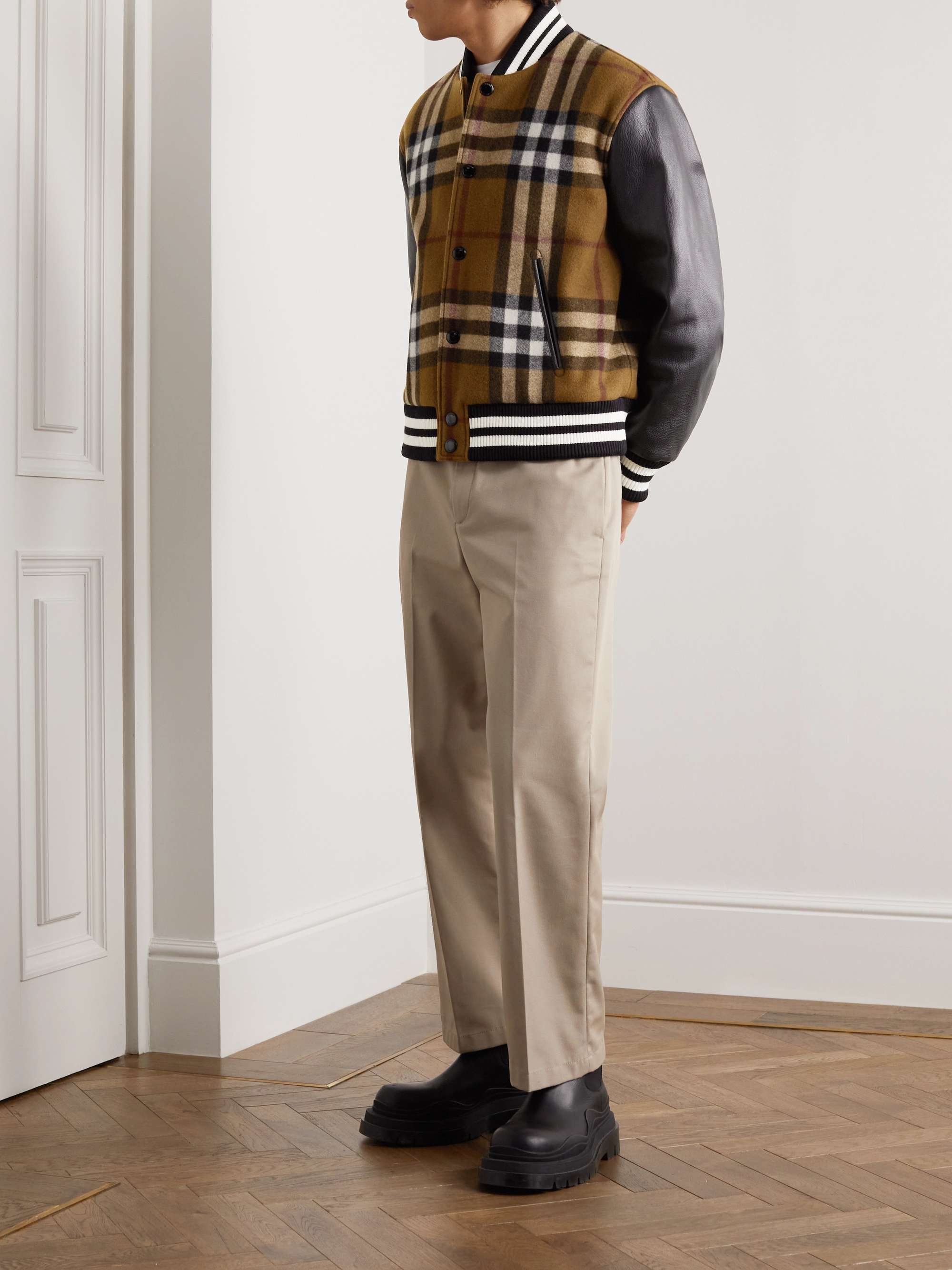 BURBERRY Checked Wool-Blend and Full-Grain Leather Varsity Jacket | MR  PORTER