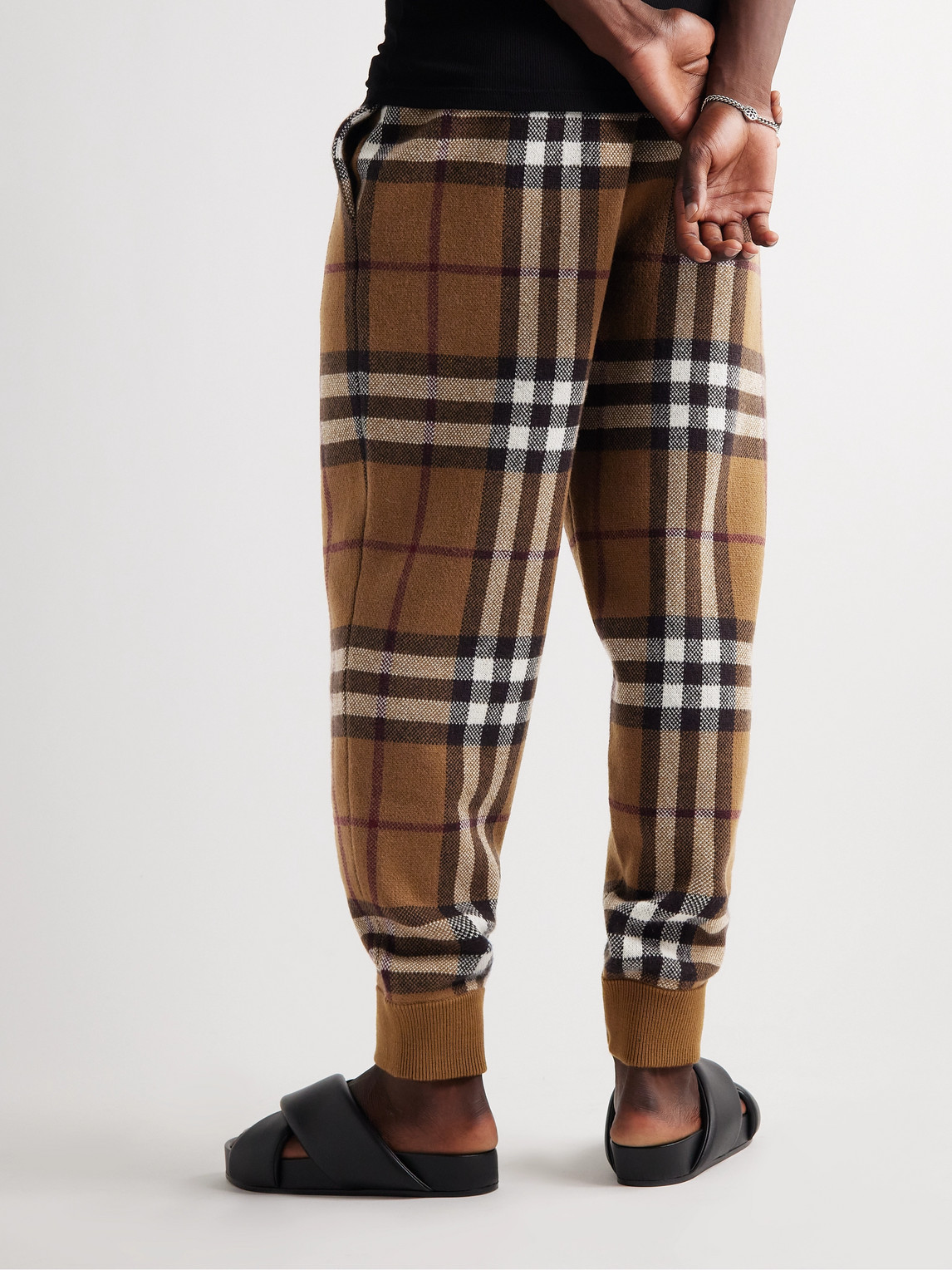 Shop Burberry Checked Cashmere-jacquard Tapered Sweatpants In Brown
