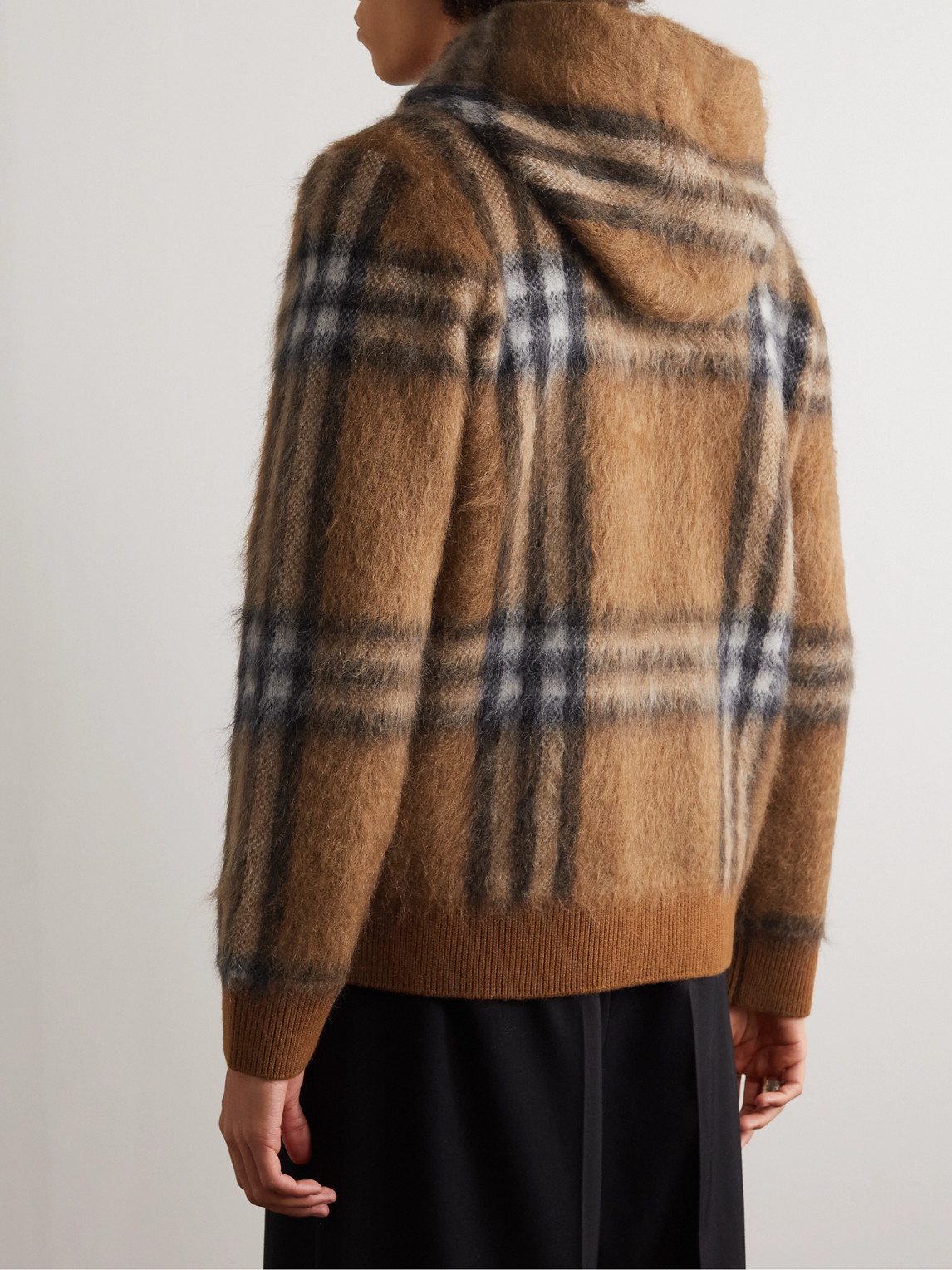 Shop Burberry Checked Brushed-knit Hoodie In Brown