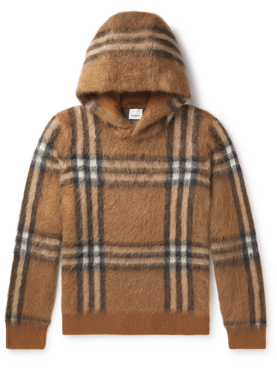 Shop Burberry Checked Brushed-knit Hoodie In Brown